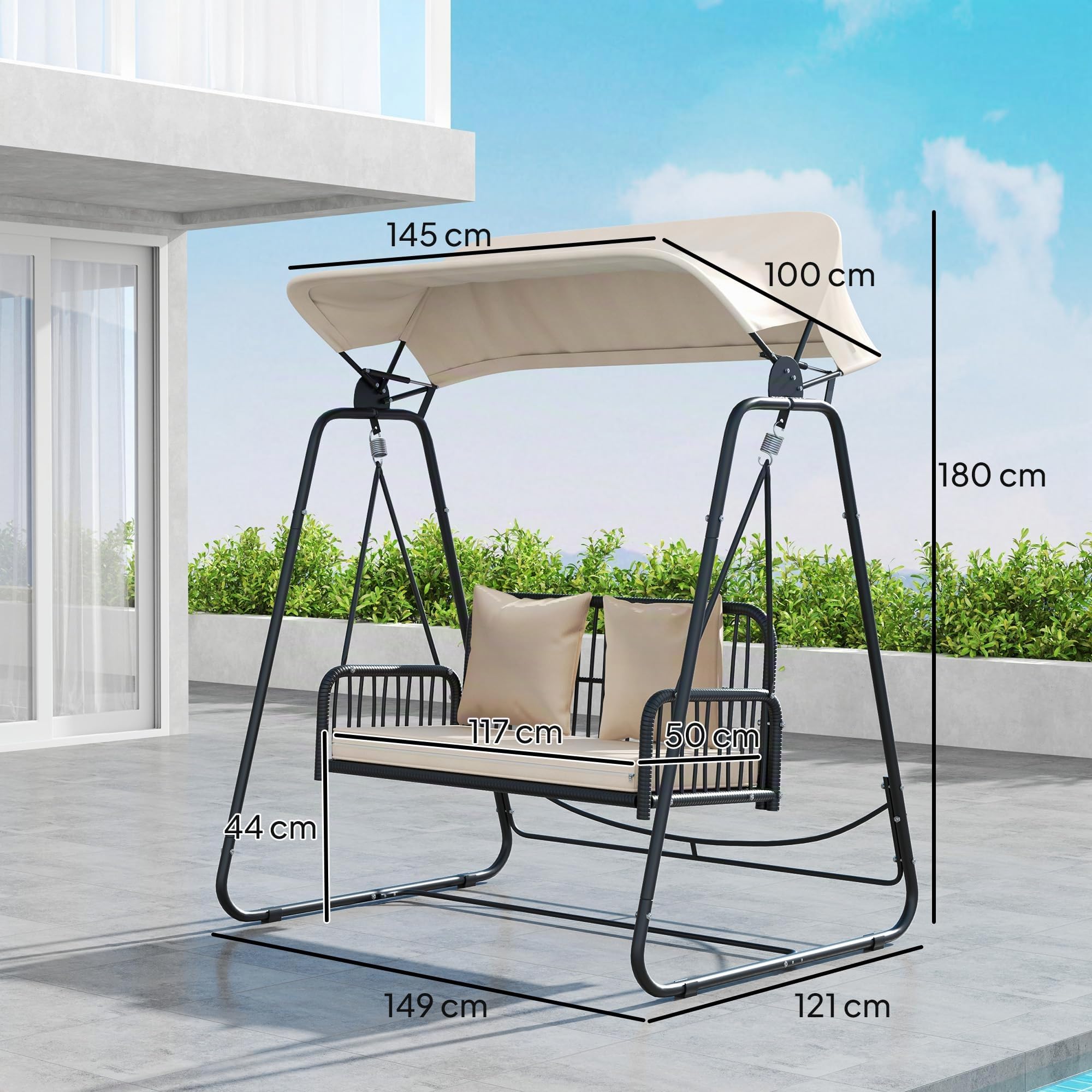 Outsunny Hollywood swing rattan 2 posti con cuscini parasole regolabili panca sospesa fino a 240 kg di portata panca sospesa per giardino balcone 149 x 121 x 180 cm kaki