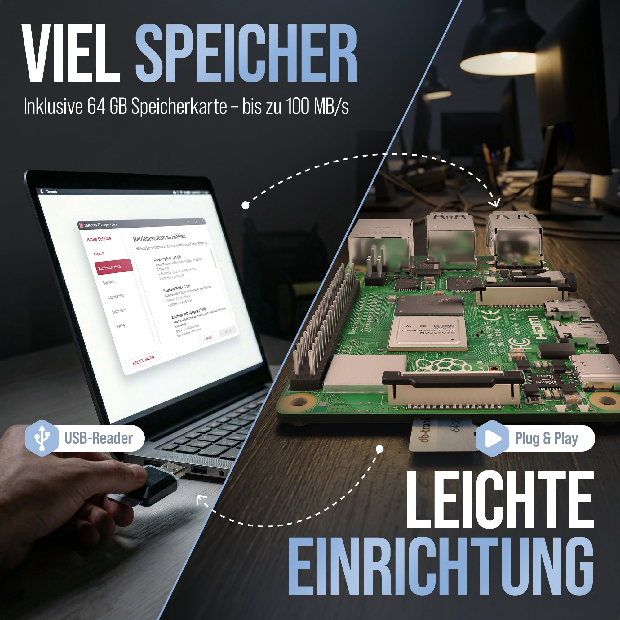 Raspberry Pi 4 4GB Starter Set 64GB Black Edition Netzteil 15W Gehäuse schwarz Kühlkörper Set 4K Micro HDMI Kabel