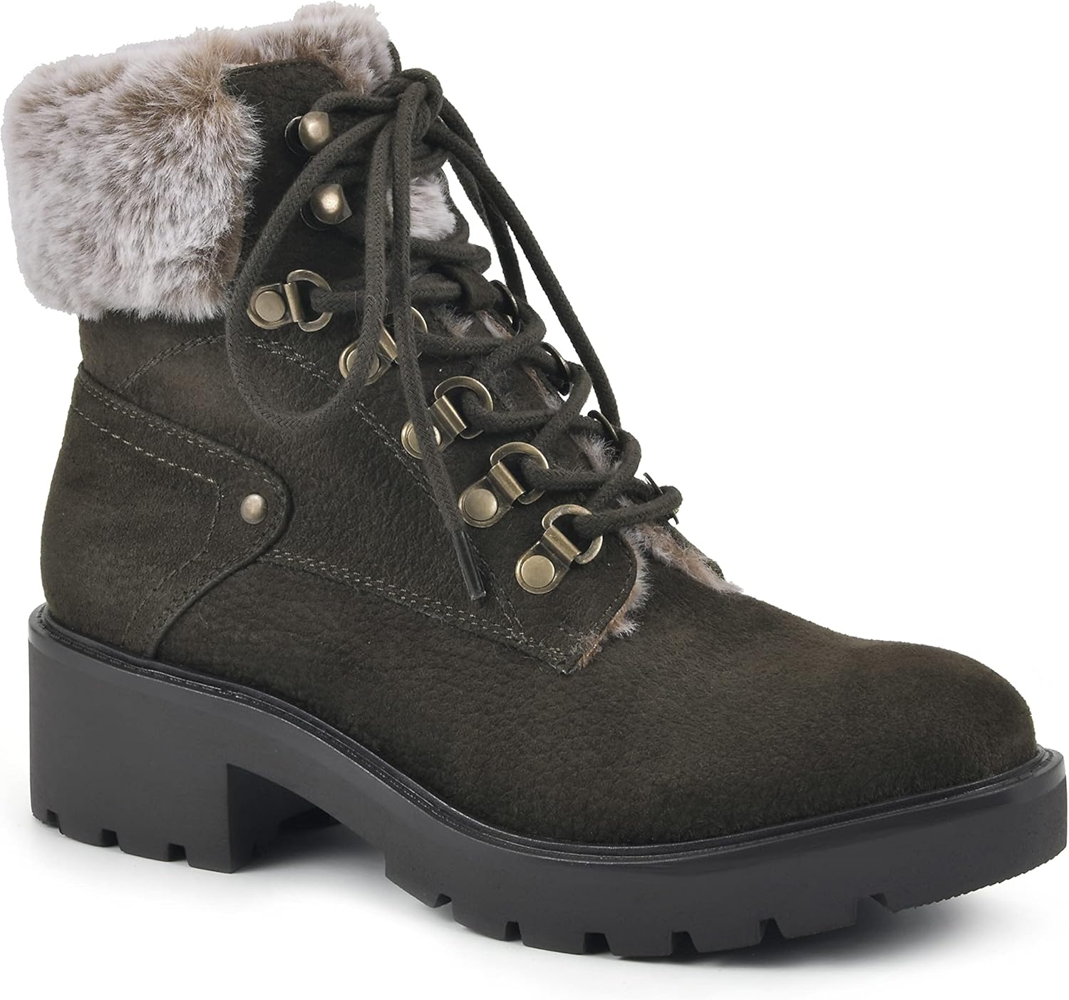 WHITE MOUNTAIN Shoes Deserve Women's Lace-up Faux Fur Trim Water Resistant Bootie, Army/Fabric, 10 M