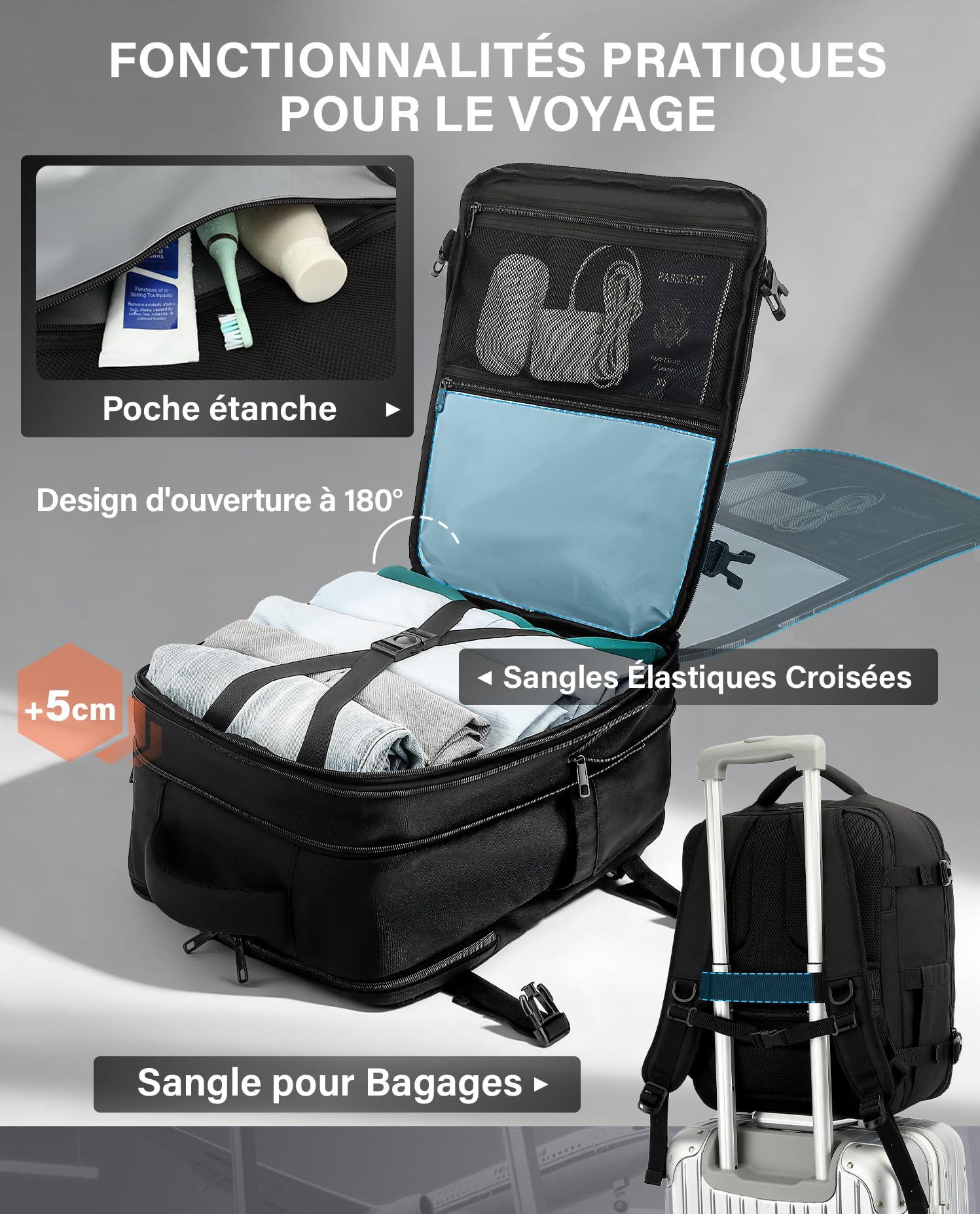 VANKEV Sac à Dos Voyage Cabine pour Ryanair EasyJet Eurowings Wizz Air Extensible 40x30x20 à 40x30x25, 24L à 30L, Bagage à Main Sous Siège Adapté à un Ordinateur Portable de 15,6 Pouces noir