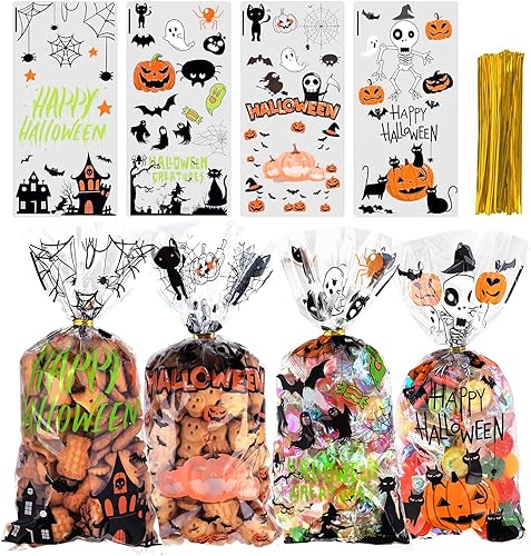 JMANNI Bolsas de dulces de Halloween para celfán, 120 bolsas de plástico transparente para Halloween, bolsas de dulces, murciélagos, calabaza y