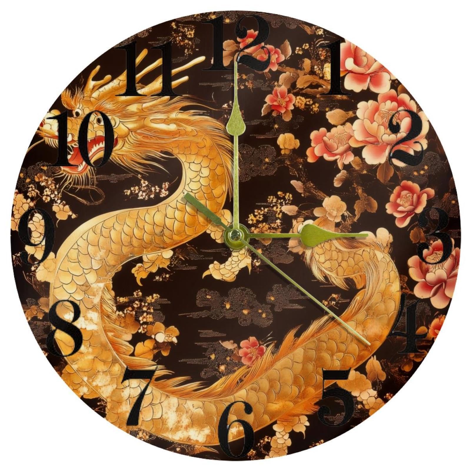 Horloge murale dorée dragon chinois | Pendule silencieuse pour salon et bureau