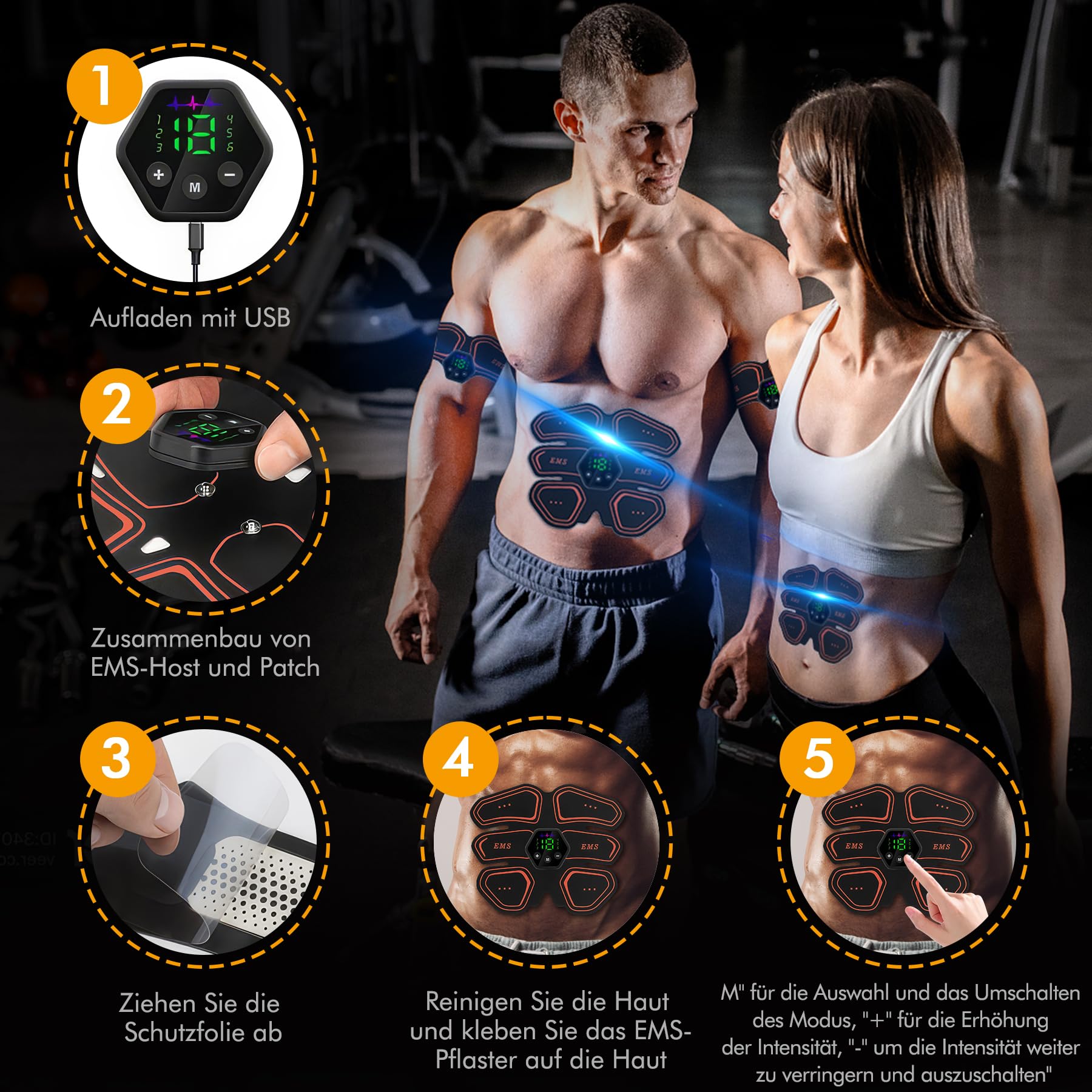 EMS Trainingsgerät, EMS Bauchmuskeltrainer Elektrisch, 6 Modi & 19 Intensitäten EMS Bauchtrainer, Ganzkörper ABS/Bauch/Arm/Bein/Po Trainer