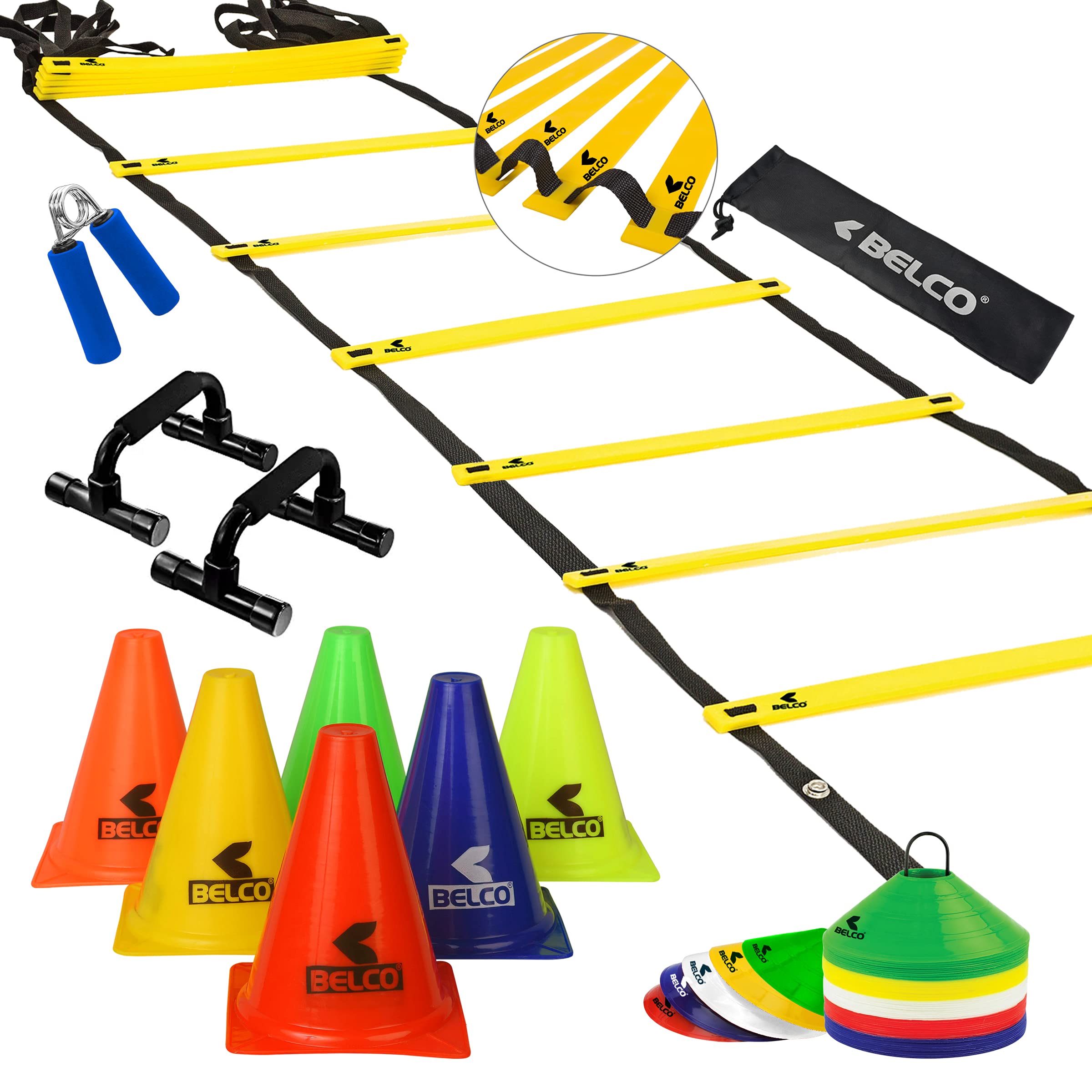 BELCO Sports 20 Space Markers, 6 Inch Cones Pack 10 and 8 Meter Ladder with Pushup Stand Gripper & Skipping Rope Agility Combos, Multi-Colour