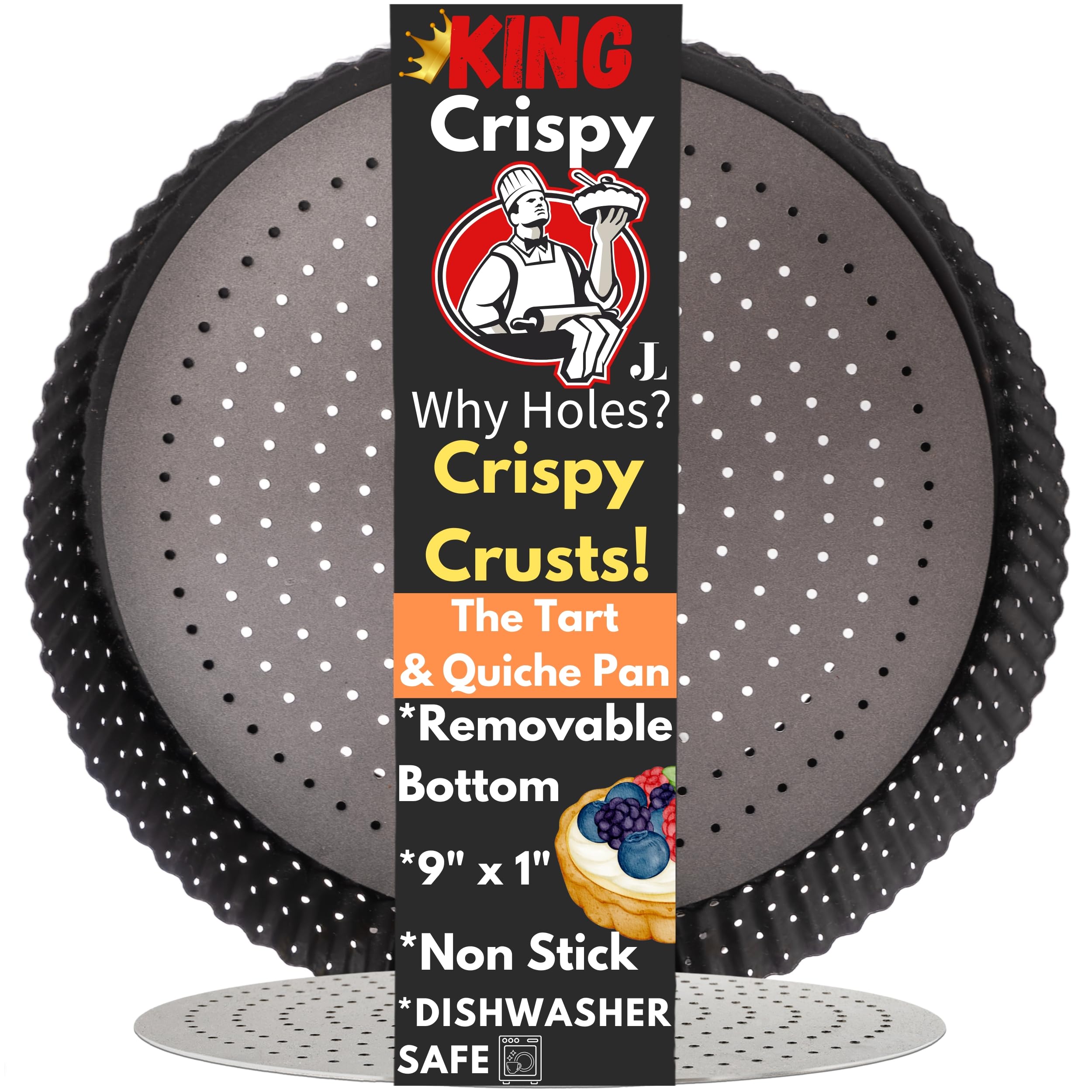 Why Holes: For The Crispiest Crusts. King Crispy's Tart & Quiche Pan. A Non-Stick, Removable Bottom, Dishwasher Safe, Perforated Fruit Tart Baking Tin (9 Inch X 1.25 Inch Shallow)