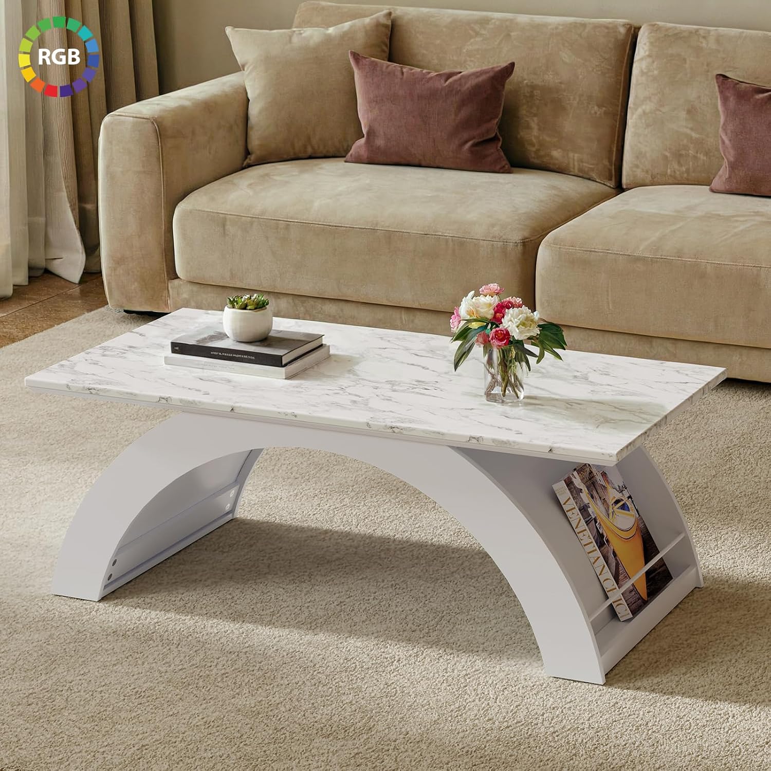 Coffee Tables for Living Room, 45" Marble Coffee Table with RGB Strip, Smart Coffee Table with Storage for Dining Reception(Pure White)