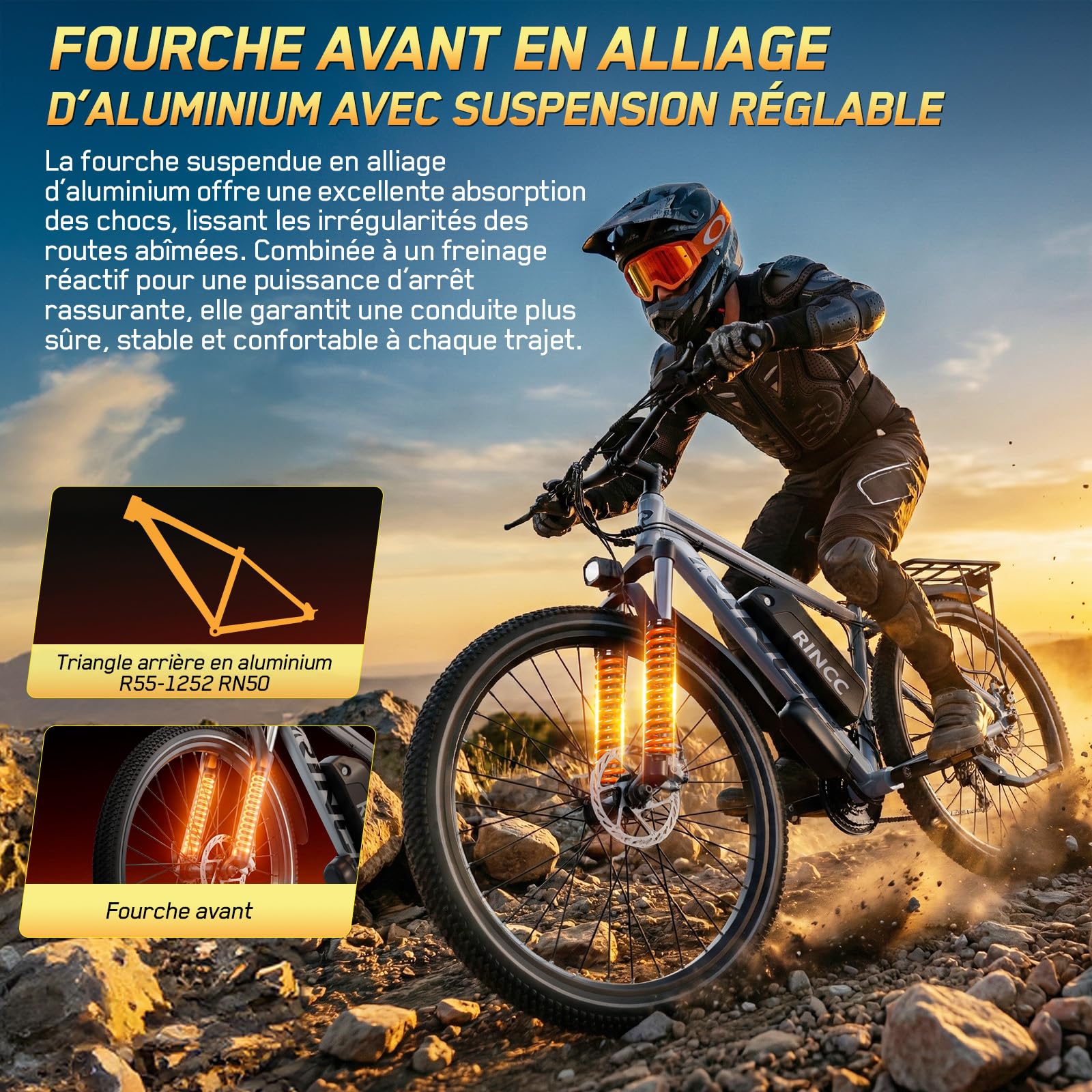 RINCC Vélo électrique RN50,29" Vélo électrique pour adultes 48 V 15 Ah Batterie avec 21 vitesses avec écran LCD, autonomie jusqu'à 100 km, moteur 250 W, cadre en alliage d'aluminium