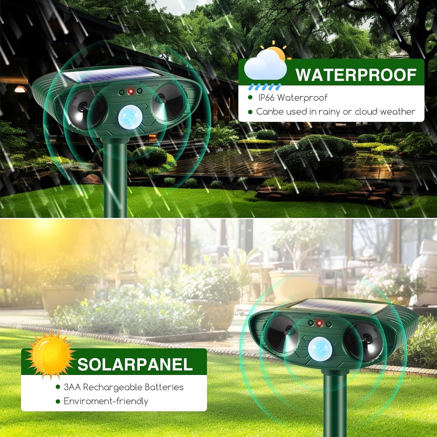 4Pack Solar Ultrasonic Animal Repellent Outdoor Deer Repellent Devices with Motion Detection Squirrel Raccoon Dog Cat Deterrent, Keep Rodent Chipmunk Rabbit Away for Yard Garden Lawn