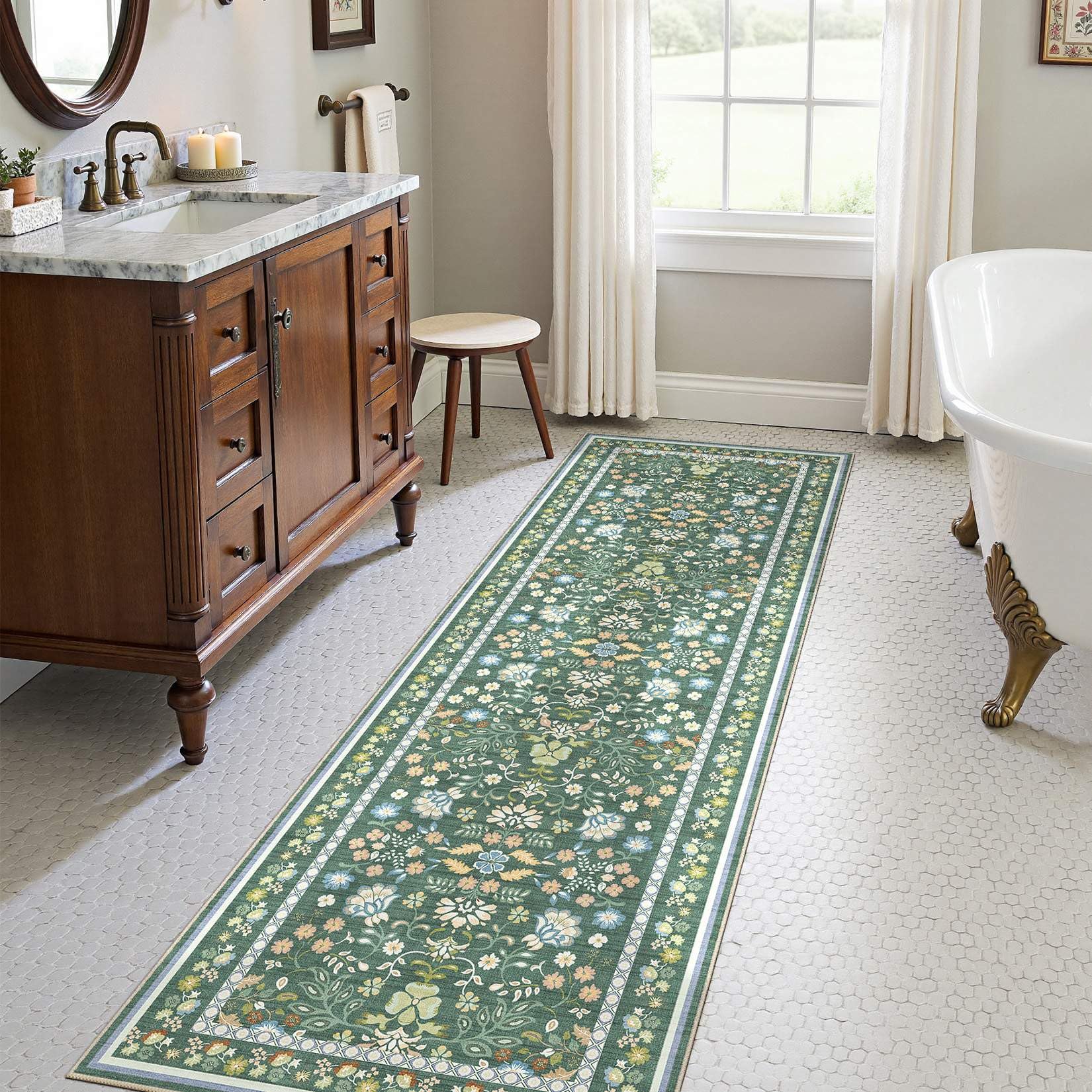 UERMEI Runner Rug for Hallways Kitchen: 2x6 Washable Area Rug Boho Floral Soft Long Rug - Non-Slip Low Pile Throw Indoor Carpet for Entryway Kitchen Bedroom Laundry Bathroom - Green