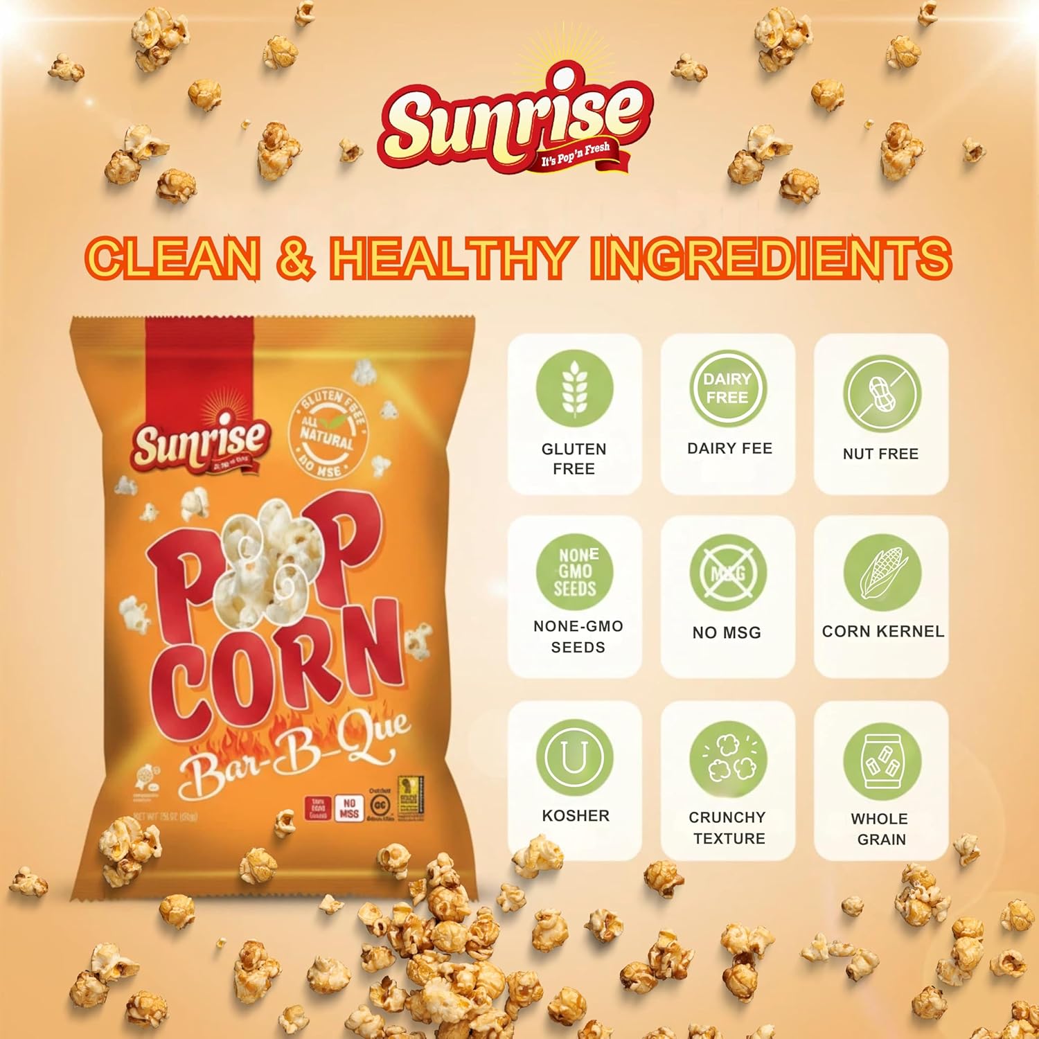 Sunrise Snacks Bar-B-Que Kettle Popcorn - Bold BBQ Flavor, Gluten Free, Nut Free, Dairy Free, Kosher - Perfect for Home, Office, School, Travel & Movie Nights - 0.75 oz Bags, 40-Count
