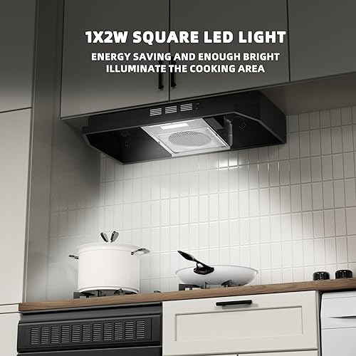 Vista 5 de FIREGAS Campana extractora negra de 30 pulgadas para debajo del gabinete, campana de cocina convertible sin conductos/conductos, campana de Acero