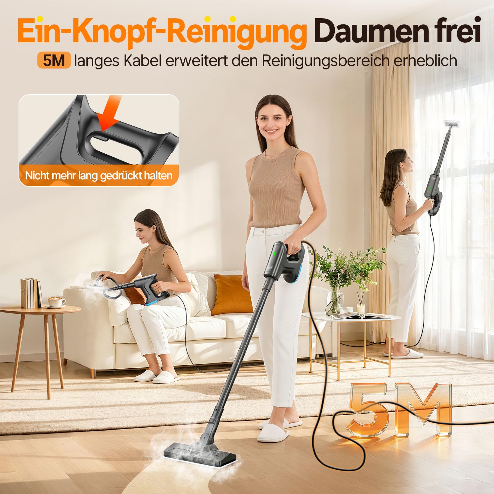 Nettoyeur Vapeur, Balai Vapeur démontable chauffe en 15s, 145℃ nettoyage à la vapeur sans produits chimiques, Steam Cleaner Portable pour Parquets Carrelages Joints Fenêtres Salles de Bains Cuisines