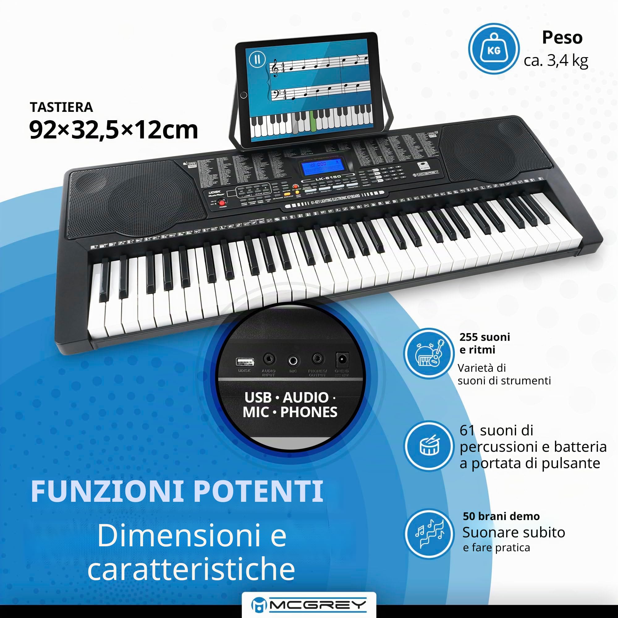 McGrey LK-6150 Keyboard 61 Tasti con Tasti Luminosi e MP3-Player, 255 suoni | Keyboard per principianti con 61 tasti luminosi, Display LC, 255 ritmi, 61 suoni percussione, 50 brani demo, Sustain/ Vibrato