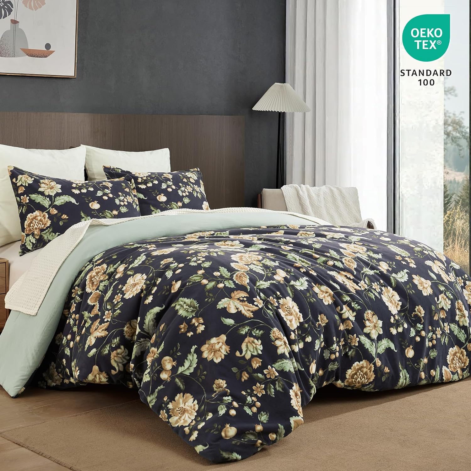PHF Super Soft Velvet Comforter Set Queen Size - 3-Piece Lightweight Warmth & Anti-Static Floral Bedding Set, 1 Vibrant Botanical Farmhouse Comforter 90x90 with 2 Pillow Shams 20x26, Black