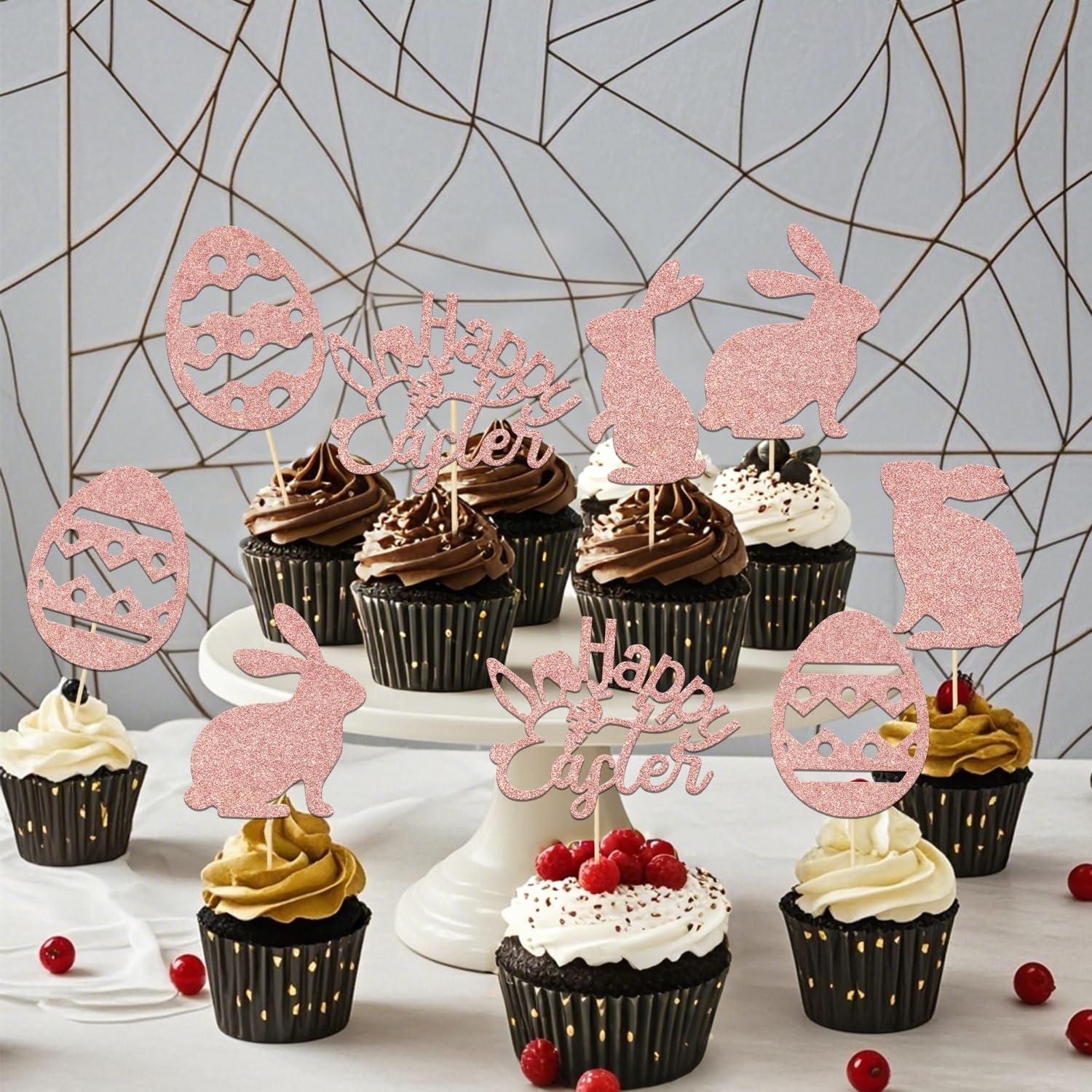 24Pcs Welcome Spring Easter Happy Easter Cupcake Topper Rose Gold Glitter - Image 3