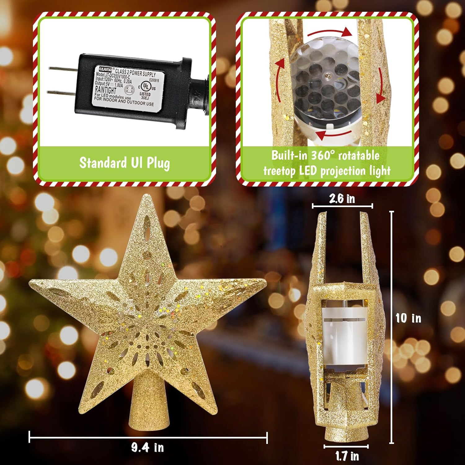 Tsorode Christmas Tree Topper Lighted,Star Tree Topper with Projector Built-in LED Rotating Lights with 6 Projection Modes,3D Glitter Dynamic Projection Christmas Decorations (Gold)