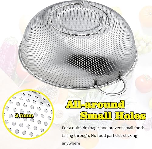 Miniatura 5 de P&P CHEF Colador de 2 coladores (3 + 5 cuartos de galón), colador de alimentos microperforado de acero inoxidable con asa para lavar, enjuagar,