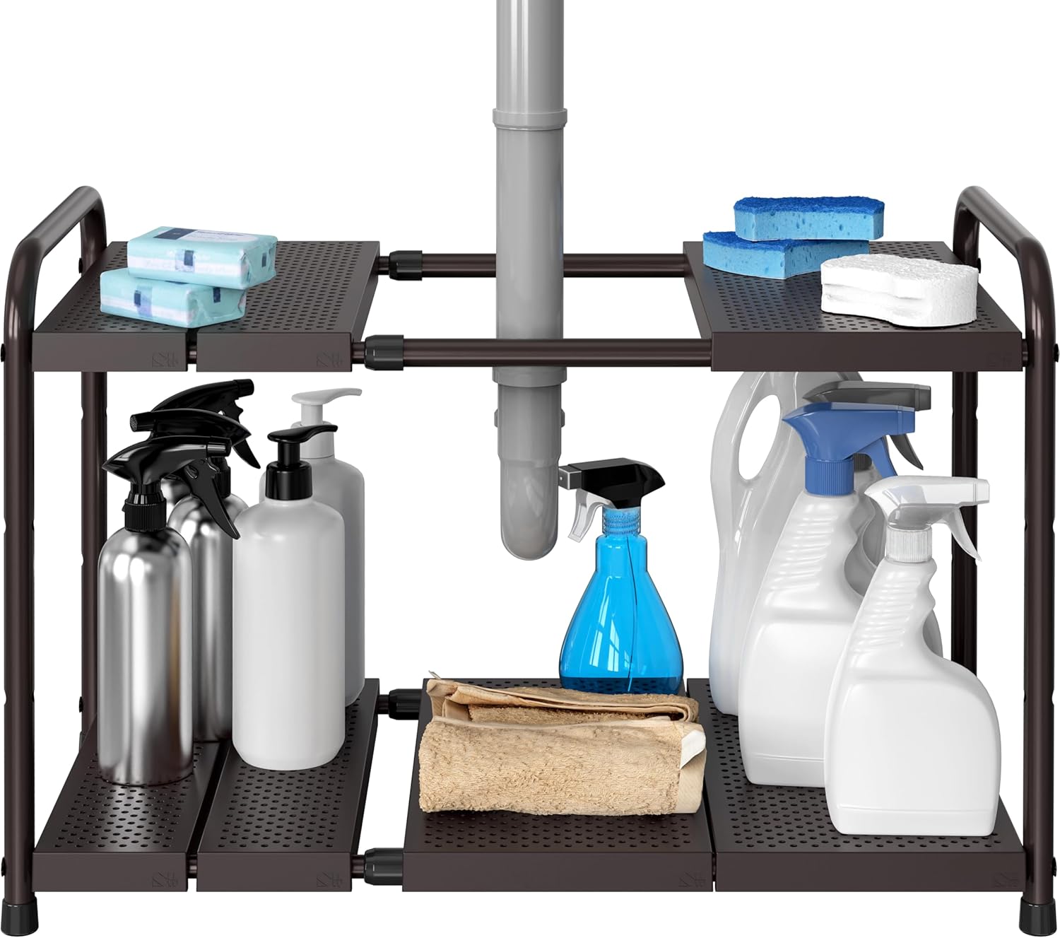Simple Houseware Under Sink 2-Tier Heavy Duty Expandable Rack Organizer, Adjustable Width 15.75–25 Inches with 4 Shelf Height Levels, Bronze