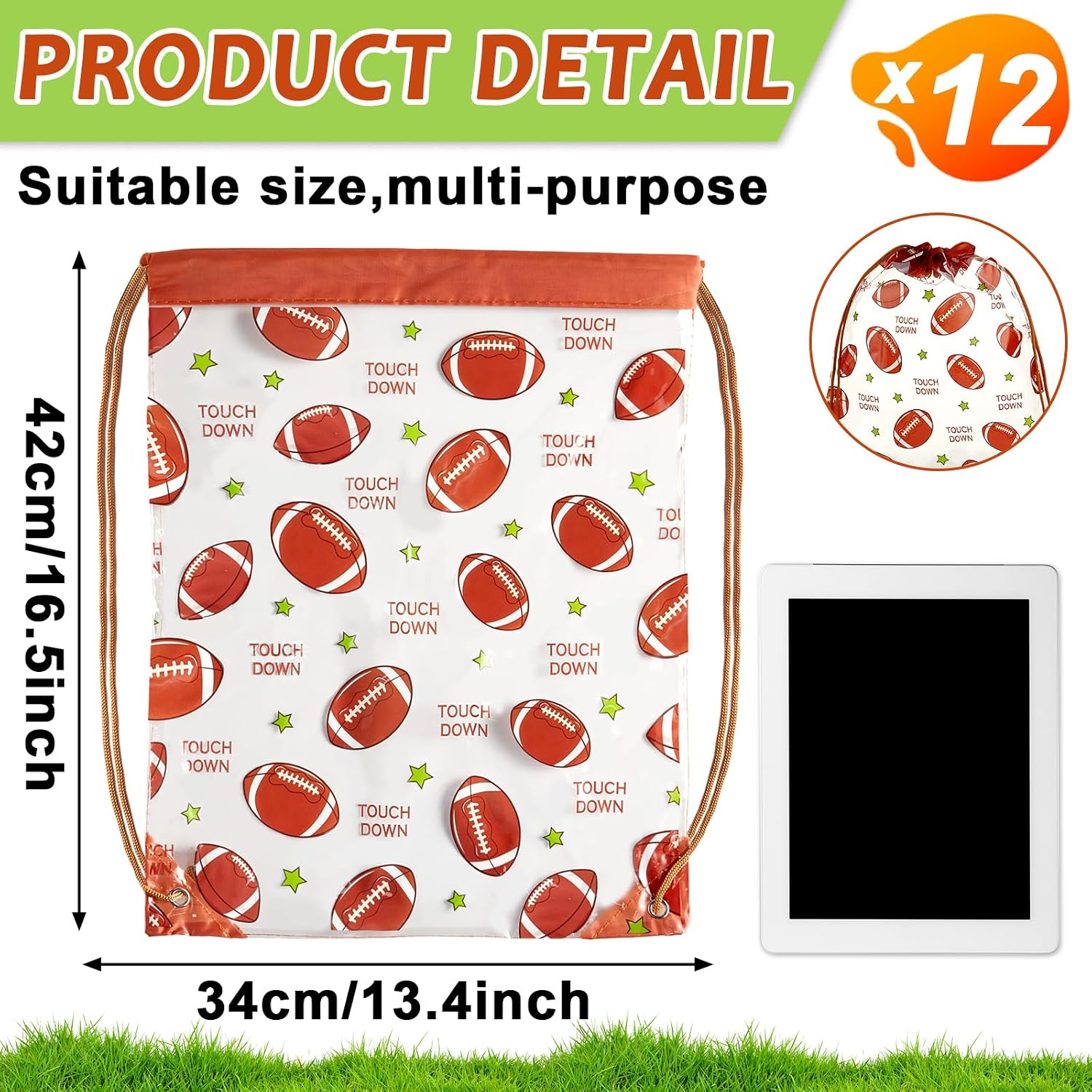 12 Pack Clear Football Drawstring Bags Ball Game Srting Backpacks 17 × 13 Inch Goodie Bag Drawstrings Transparent Party Favor Waterproof Sports Backpack Supplies Gifts for Gym Games Stadium