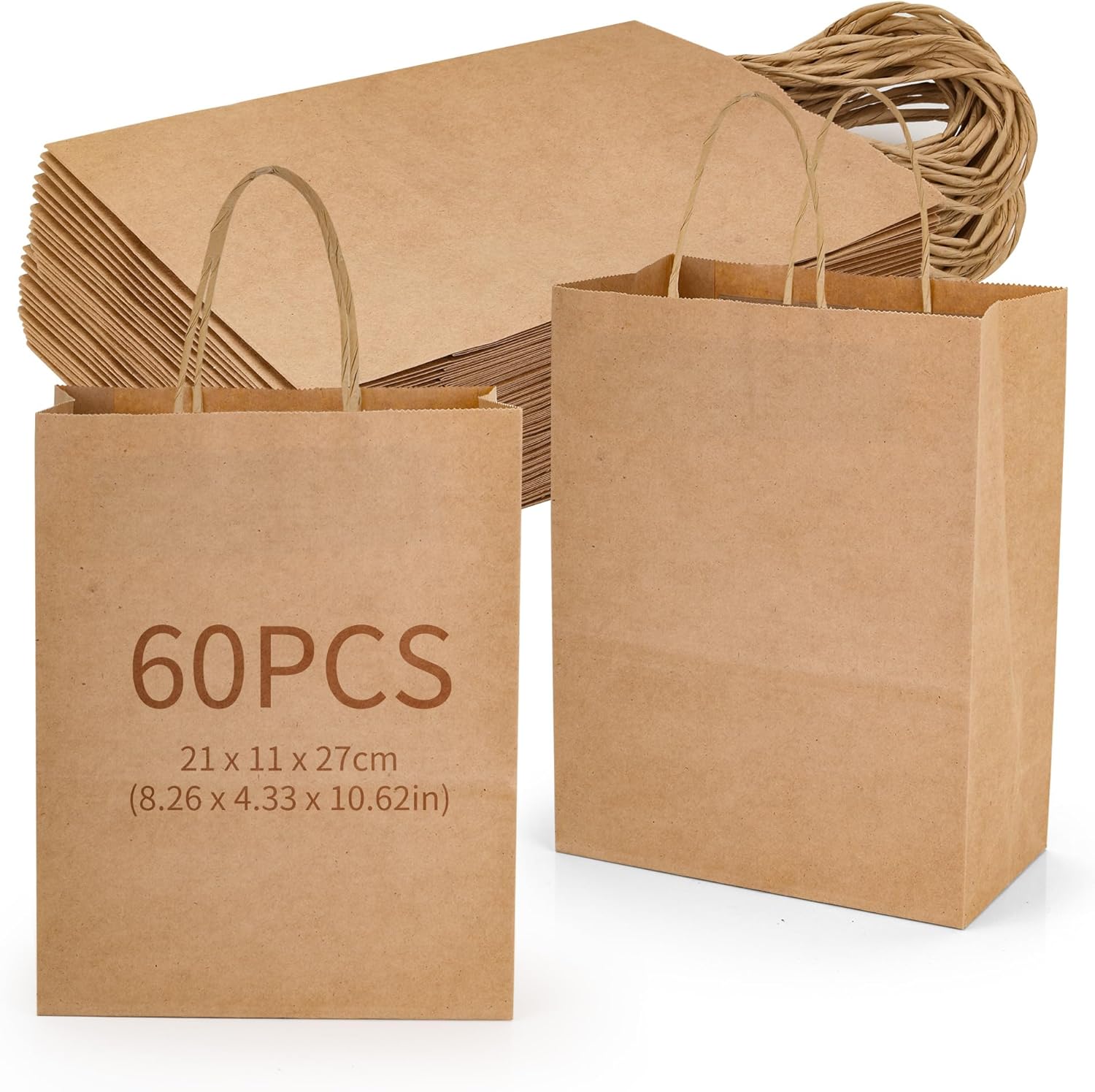 60Pcs Kraft Paper Gift Bags with Handles, 8.26x4.33x10.62 Inch Medium Brown Bags - Heavy Duty for Grocery, Take Out, Shopping, Retail, Wedding, Birthday Party | Bulk Gift Packaging
