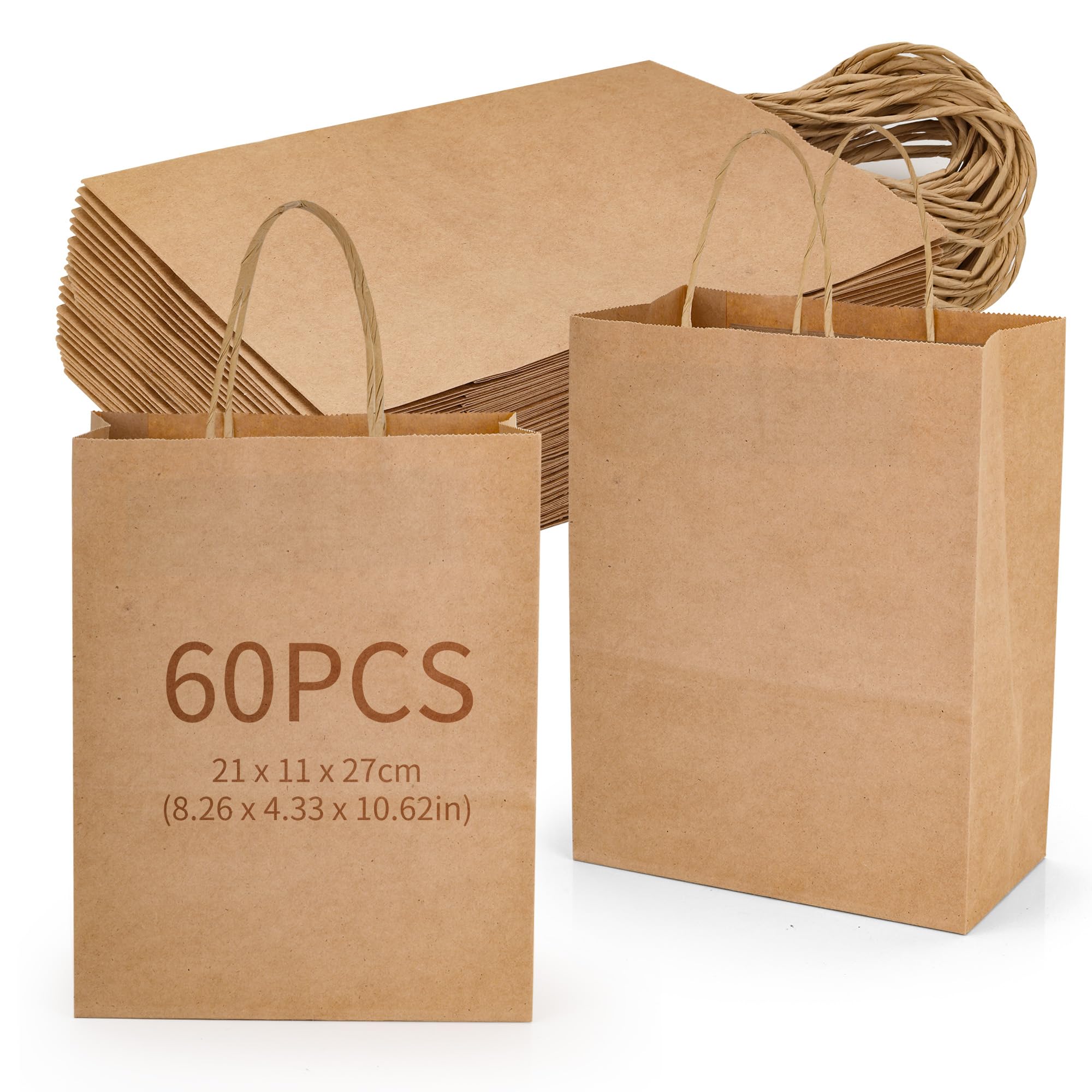 Lot de 60 sacs en papier kraft marron avec poignées, 21 x 11 x 27 cm, sacs cadeaux en papier kraft résistants pour courses, à emporter, shopping, vente au détail, entreprise, mariage, fête
