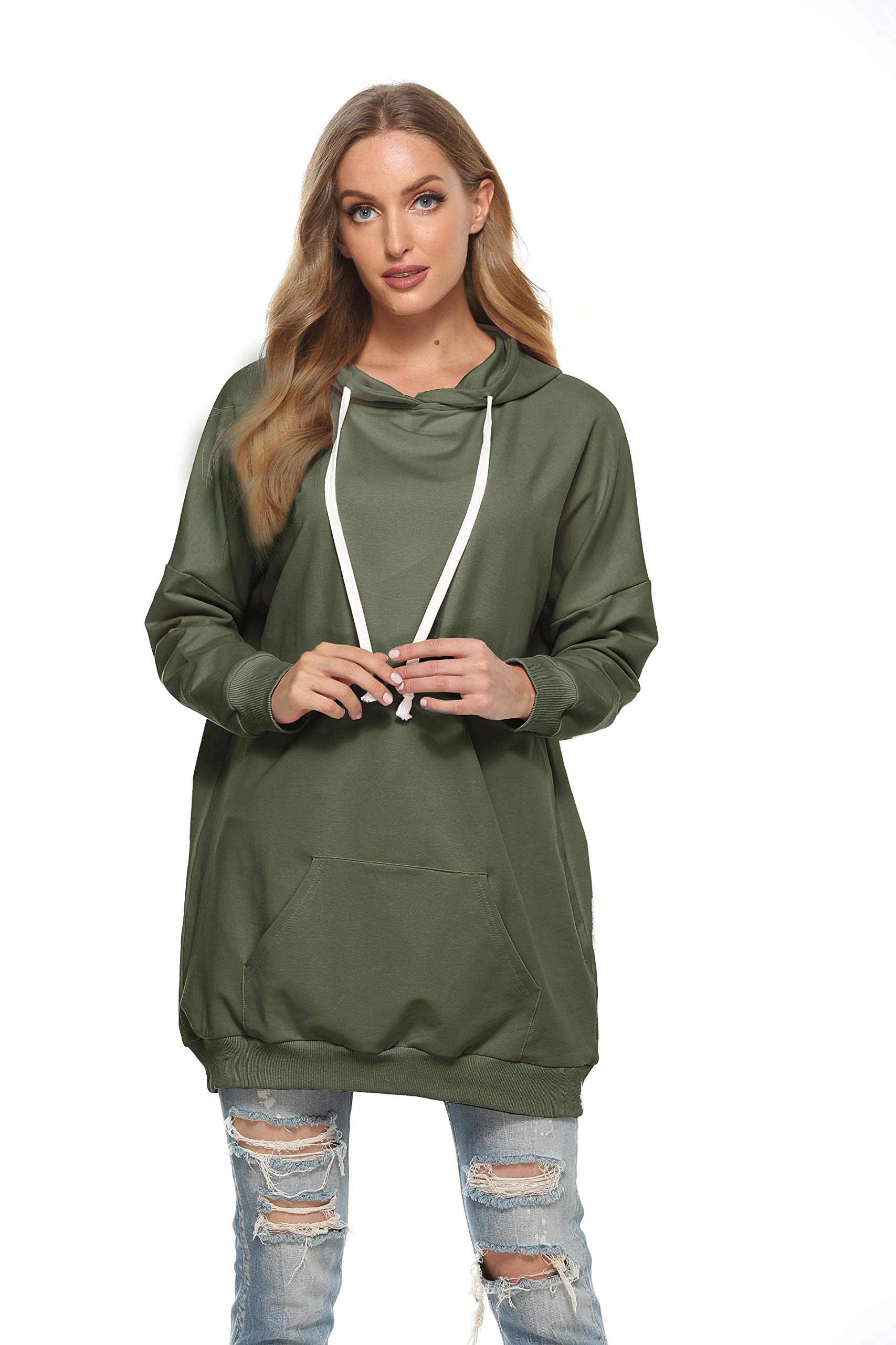 Famulily Damen Oversized Hoodie Kleid Baumwolle Lang Sweatshirt mit Kapuze Einfarbige Kapuzenpullover und Taschen und Kordelzug