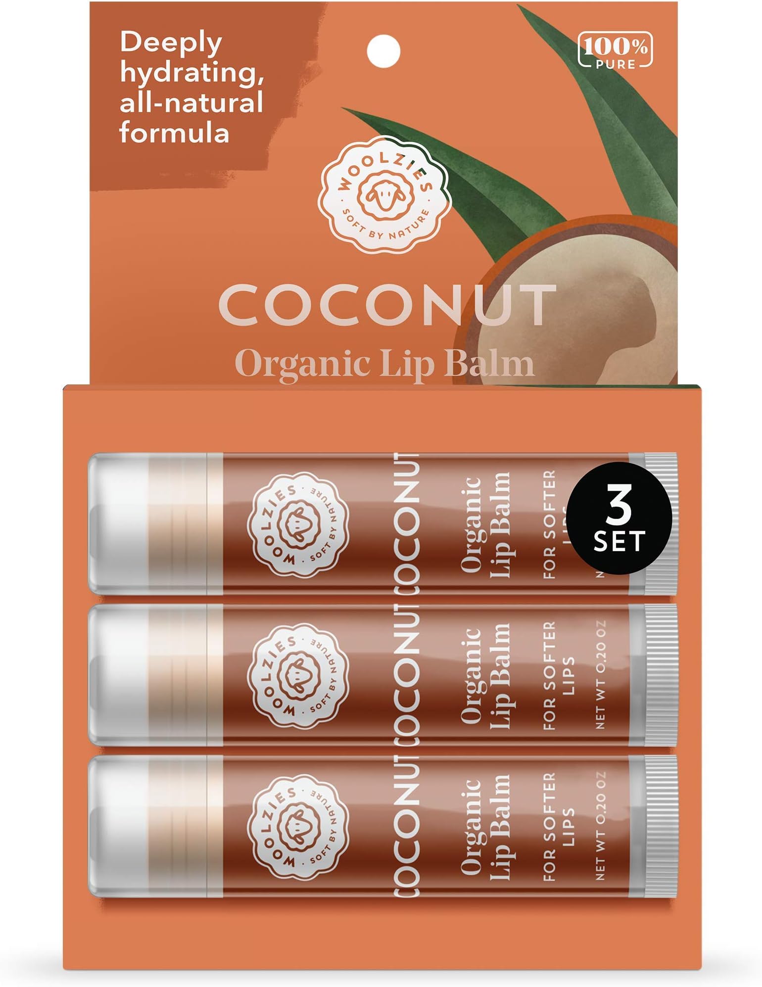 Lip Balm Set: All-Natural Shea Butter, Beeswax, Coconut Oil, Vitamin E Infused Lip Moisturizer Care (3 Pack, Coconut)