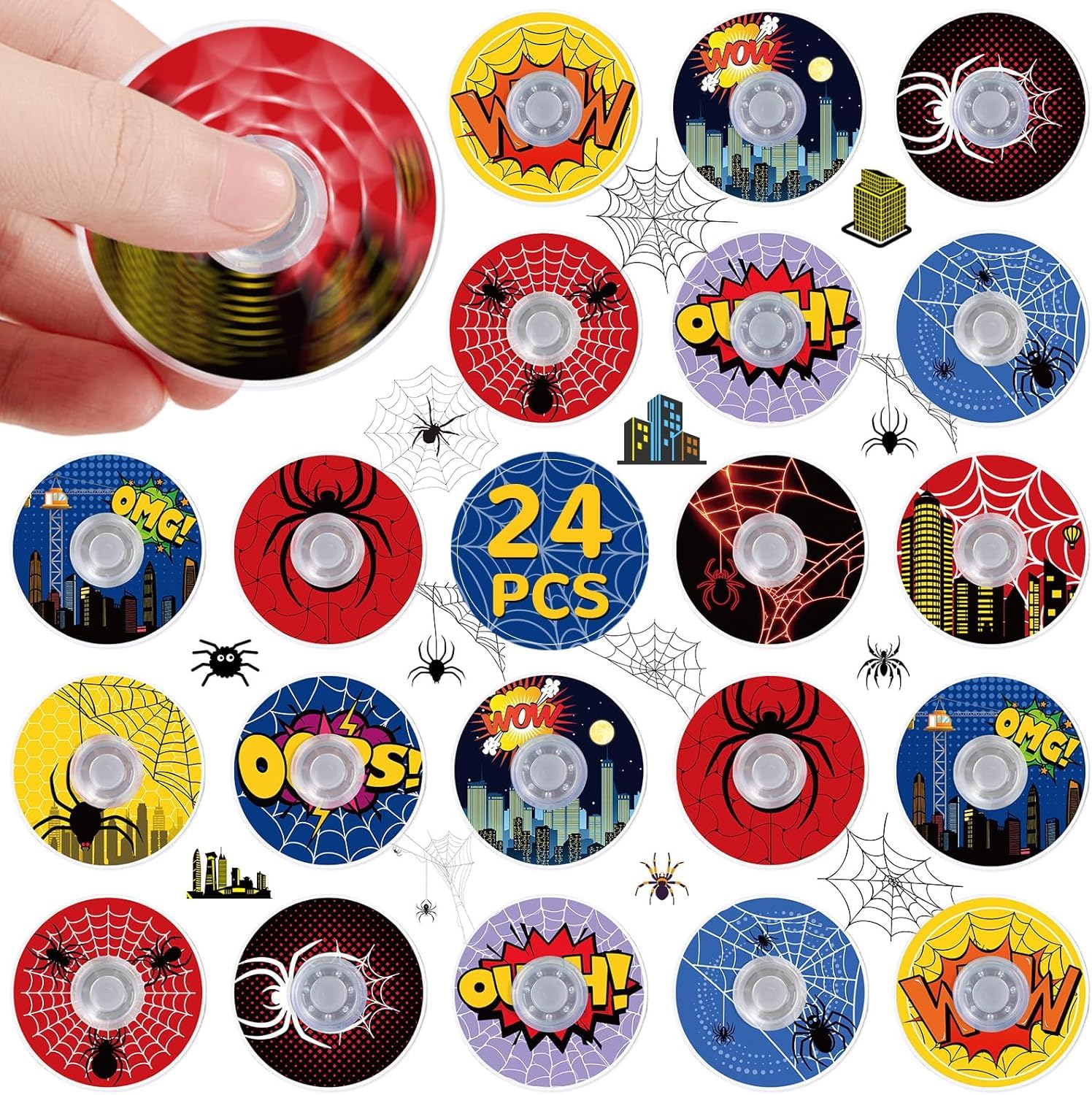 SCIONE 24 Pack Spider Party Bag Fillers for Kids,Mini Pass the Parcel Prizes,Funny Valentines Gifts for Kids Fidget Spinner