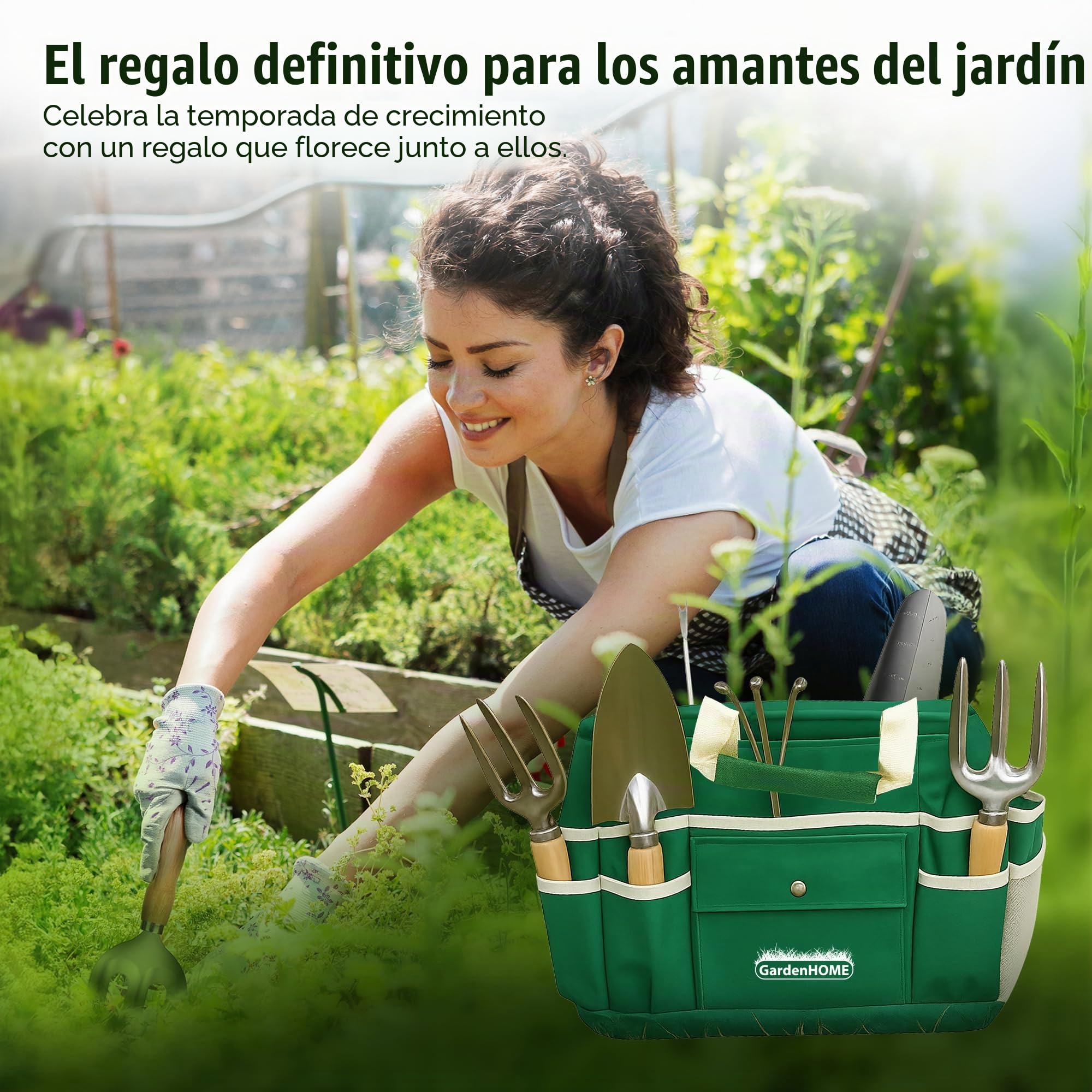 GardenHome Taburete Plegable para Jardinería 7 en 1 - Incluye Juego de Herramientas de Jardín de Acero Inoxidable de 5 Piezas y Estuche de Transporte Gratuito