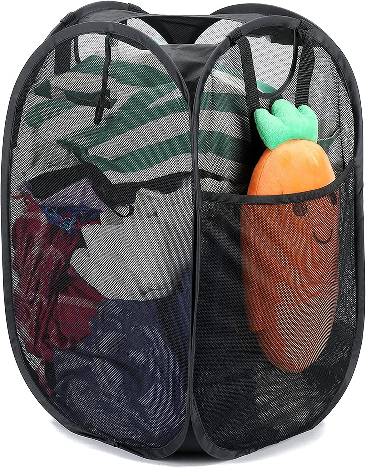 Tycom Pop Up Laundry Mesh Hamper Basket - Storage Solution - Compact Bin - Mesh Collapsible Bag - Laundry Hamper - Collapsible Laundry Basket (Black Vertical)