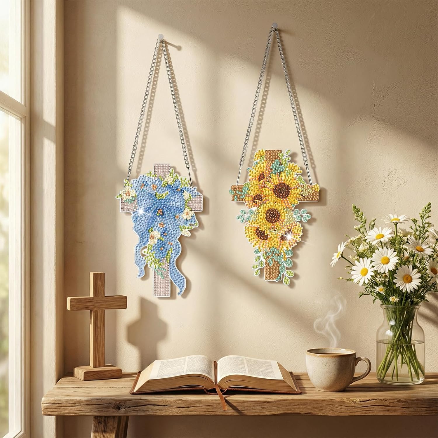 AmazingSpark 12 Pcs Spring Easter Hanging Diamonds Art Kit, 5D DIY Cross Flowers Diamond Painting Pendant Ornament, Religious Diamond Art Kits for Adult Easter Christian Gifts Home Office Wall Decor