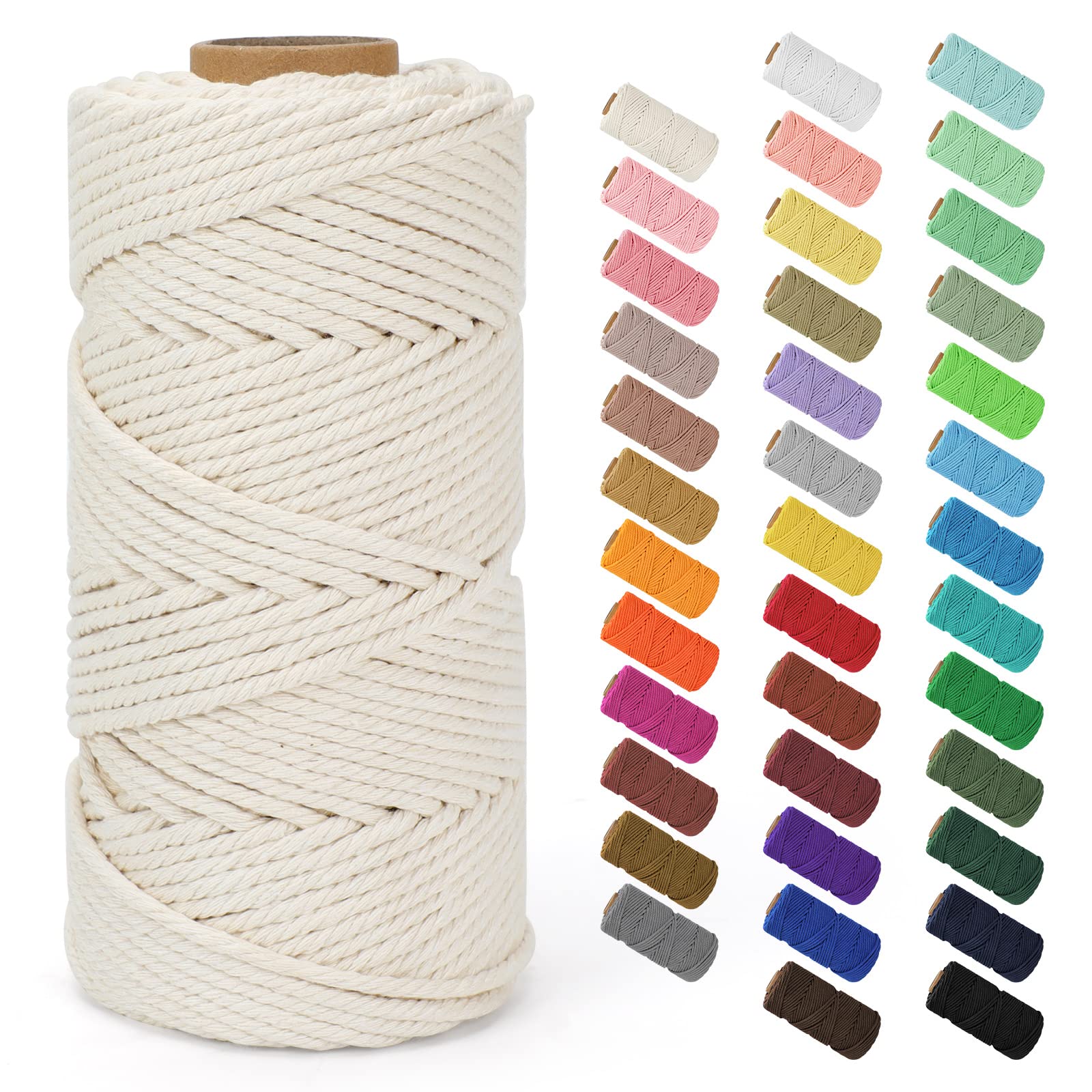 Macrame Cord 4mm x 109Yards (328Feet), Natural Cotton Macrame Rope - 4 Strands Twisted Macrame Cotton Cord for Wall Hanging, Plant Hangers, Crafts, Gift Wrapping and Wedding Decorations, Beige