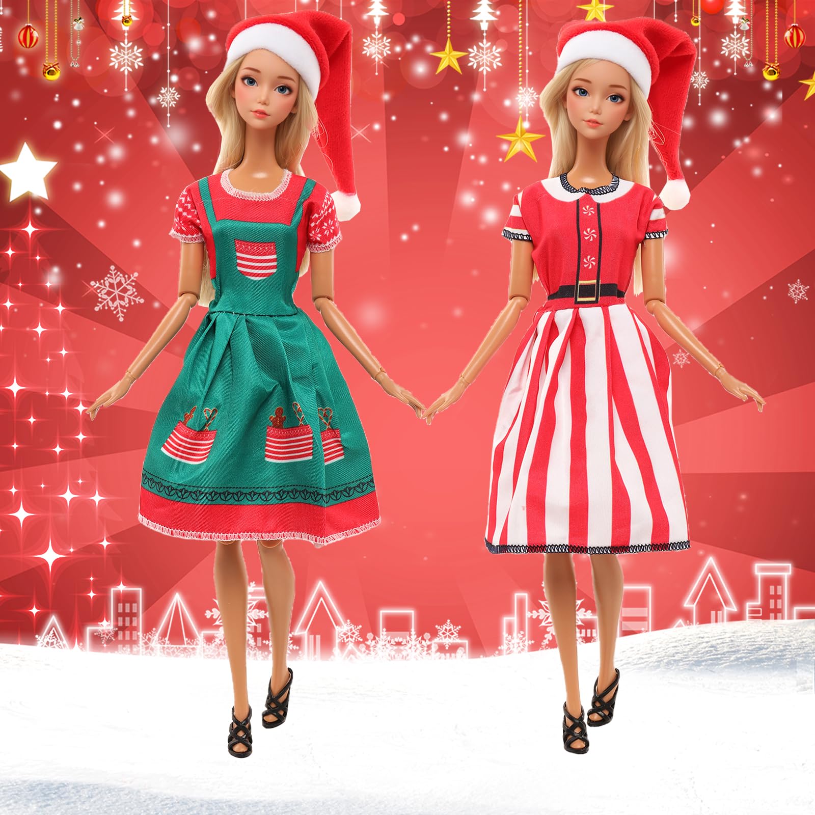 5 piezas de 11.5 pulgadas, vestido de Navidad para niña, incluye sombreros para decoración de casa y muñeca para Navidad, vestido rojo y verde para trajes de muñeca de 11.5 pulgadas 6