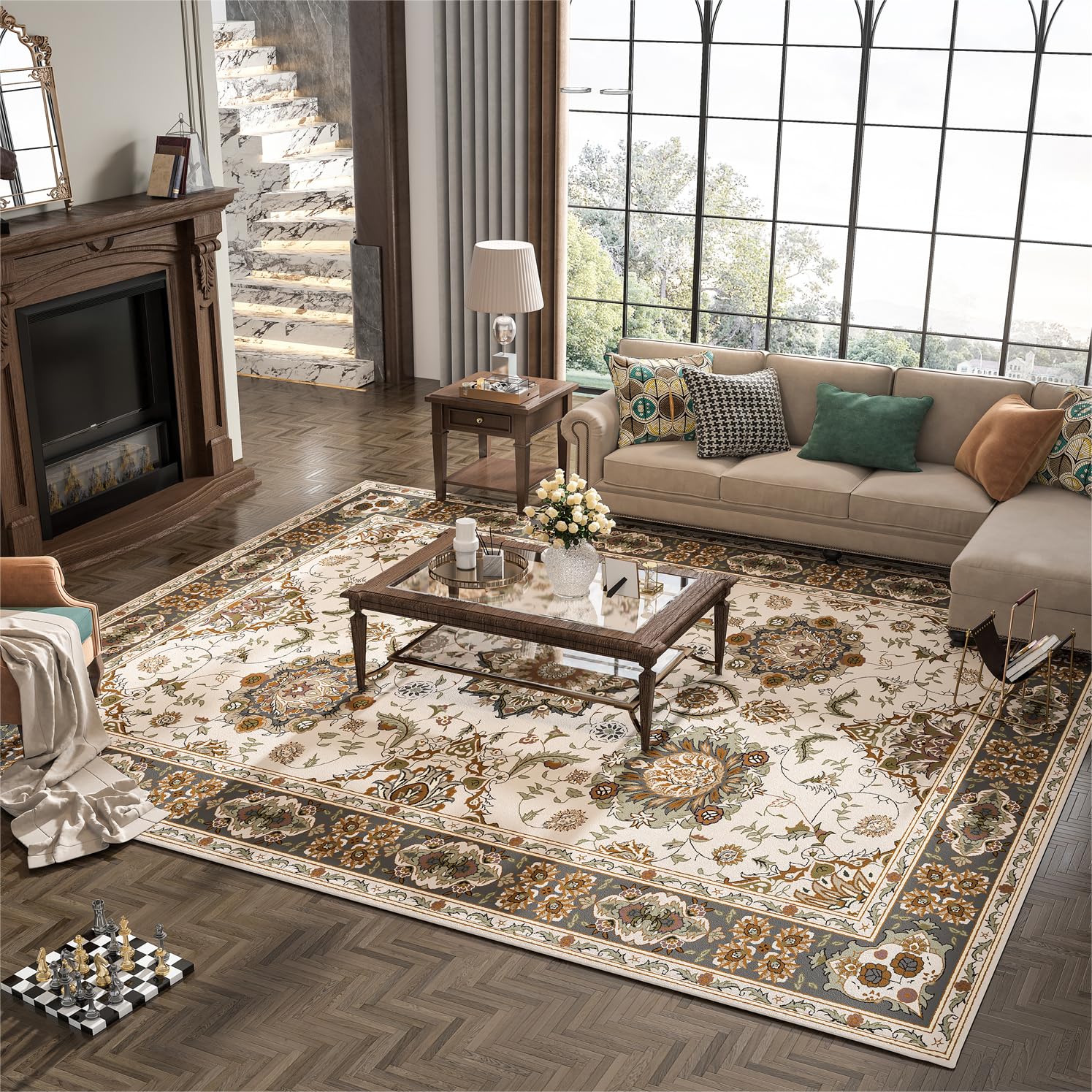 Washable Area Rug, 6x9 Area Rug for Living Room, Soft Area Rug for Bedroom, Vintage Design, Stain Resistant Rugs, TPR Anti-Slip Backing, Non Shedding, Floral Area Rug