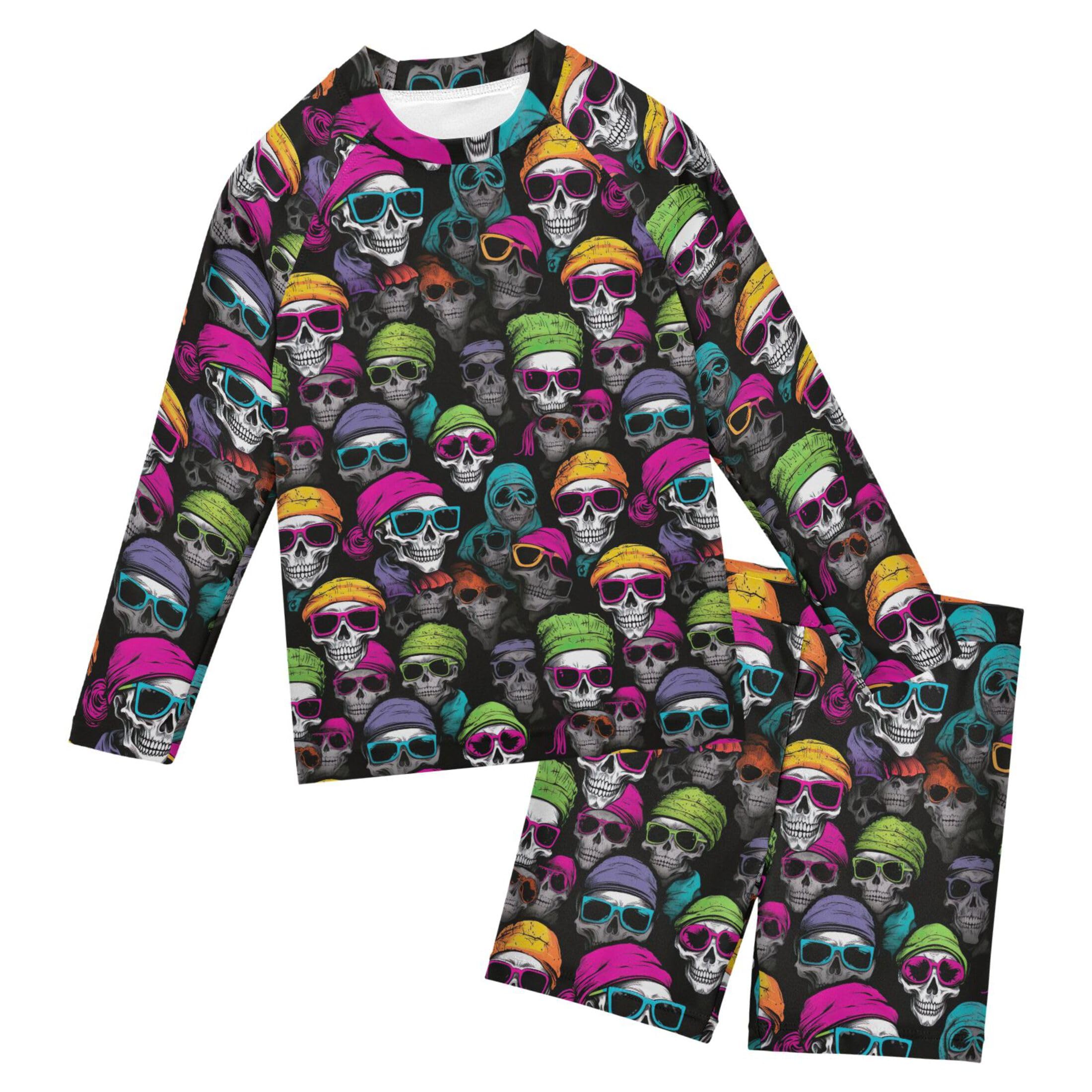 Sugar Skull Skeleton Gothic Baby Boys' Toddler Long Sleeved Rashguard Swim Bathing Suit Set B0402985