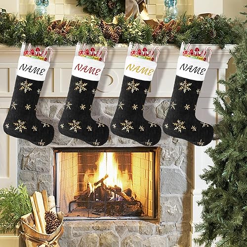 Miniatura 7 de Juego de 4 medias negras de piel sintética de Navidad personalizadas grandes de 22 pulgadas, medias colgantes de felpa negra con nombre