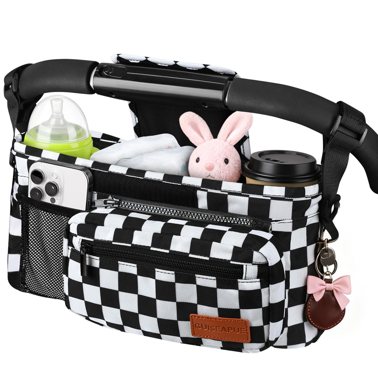 Guiseapue Baby Pram Bag Stroller: Large Capacity Organiser Bag with Shoulder Strap, Universal Stroller Bag with 2 Insulated Cup Holder&Non-Slip, Pushchair Pram Accessories for Baby Buggy