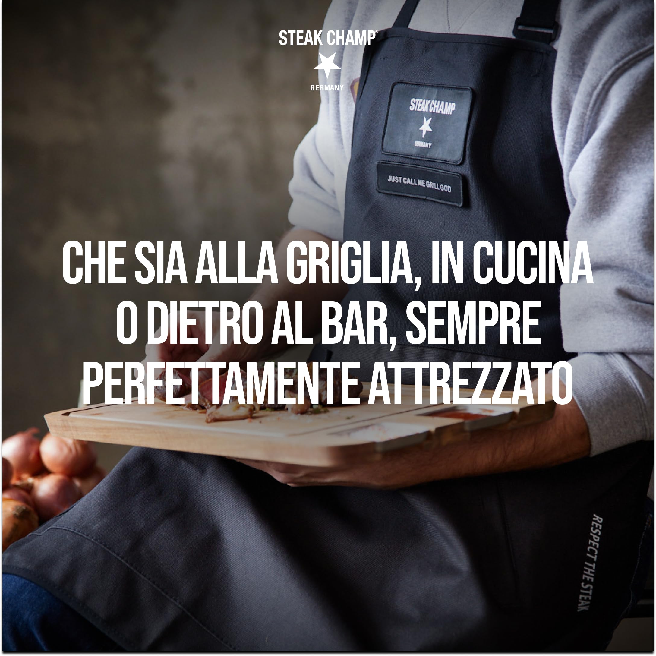 Steakchamp Grembiule da Griglia e Bar: Grembiule Robusto per Cucina e Griglia, Regolabile, con Trattamento Resistente allo Sporco e all'Acqua, con Toppa Personalizzabile