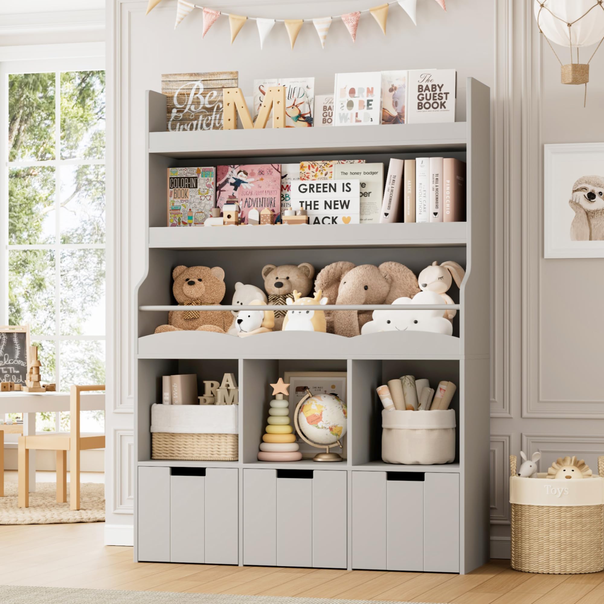 - 55.3" H Kids Bookshelf with Toy Storage Organizer, Tall Book Shelf with 3 Movable Toy Storage Bins, Large Kids Bookcase with Toy Chest, 39.2" W Modern Toys Box for Kid Room, Playroom, Gray