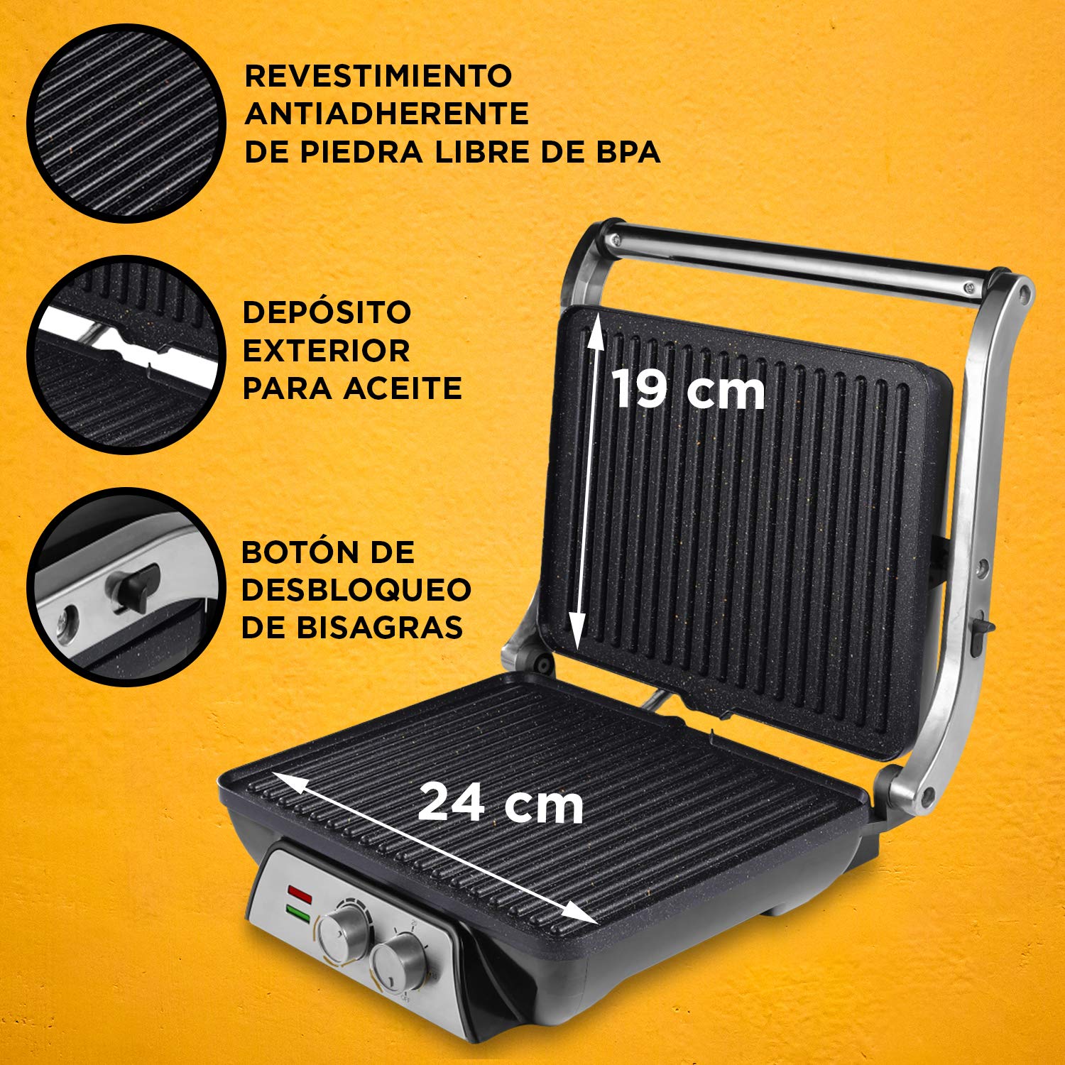 SOGO Sandwichera Eléctrica 3 en 1 - Grill Sandwichera Plancha de cocina con regulador de temperatura y temporizador, Placas Grill Antiadherentes de piedra de 24x19 cm, Apertura 180º, 2000W (SS-7137)