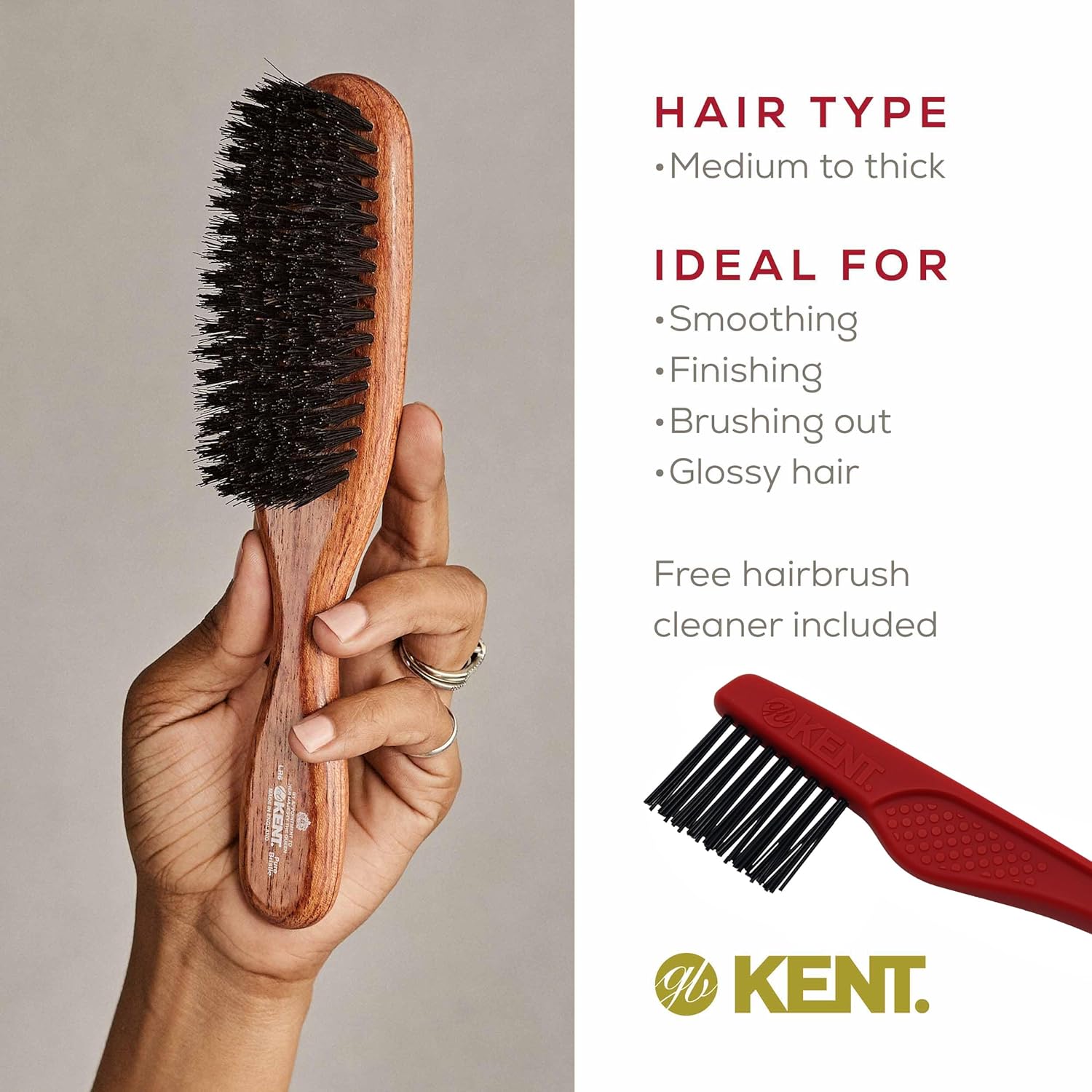 Kent LR6 Finest Dark Wood Styling Hair Brushes for Women - Natural Black Boar Bristle Hairbrush for Medium to Thick Hair of All Lengths - Dry Brush for Styling, Straightening, and Stimulating Oils