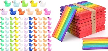 CRTWDMAN 1440 Pcs Mini Ducks and Colored Popsicle Sticks Set, 240 Mini Resin Ducks and 1200 Colored Wooden Craft Sticks for DIY Craft, Garden Decor, Dollhouse, and Classroom Art Projects