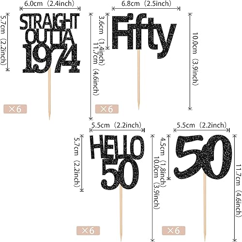 Miniatura 2 de 24 piezas de adornos negros para cupcakes de 50 cumpleaños con purpurina Fifty Hello 50 Straight Outta 1974 para magdalenas para saludos a 50 años,