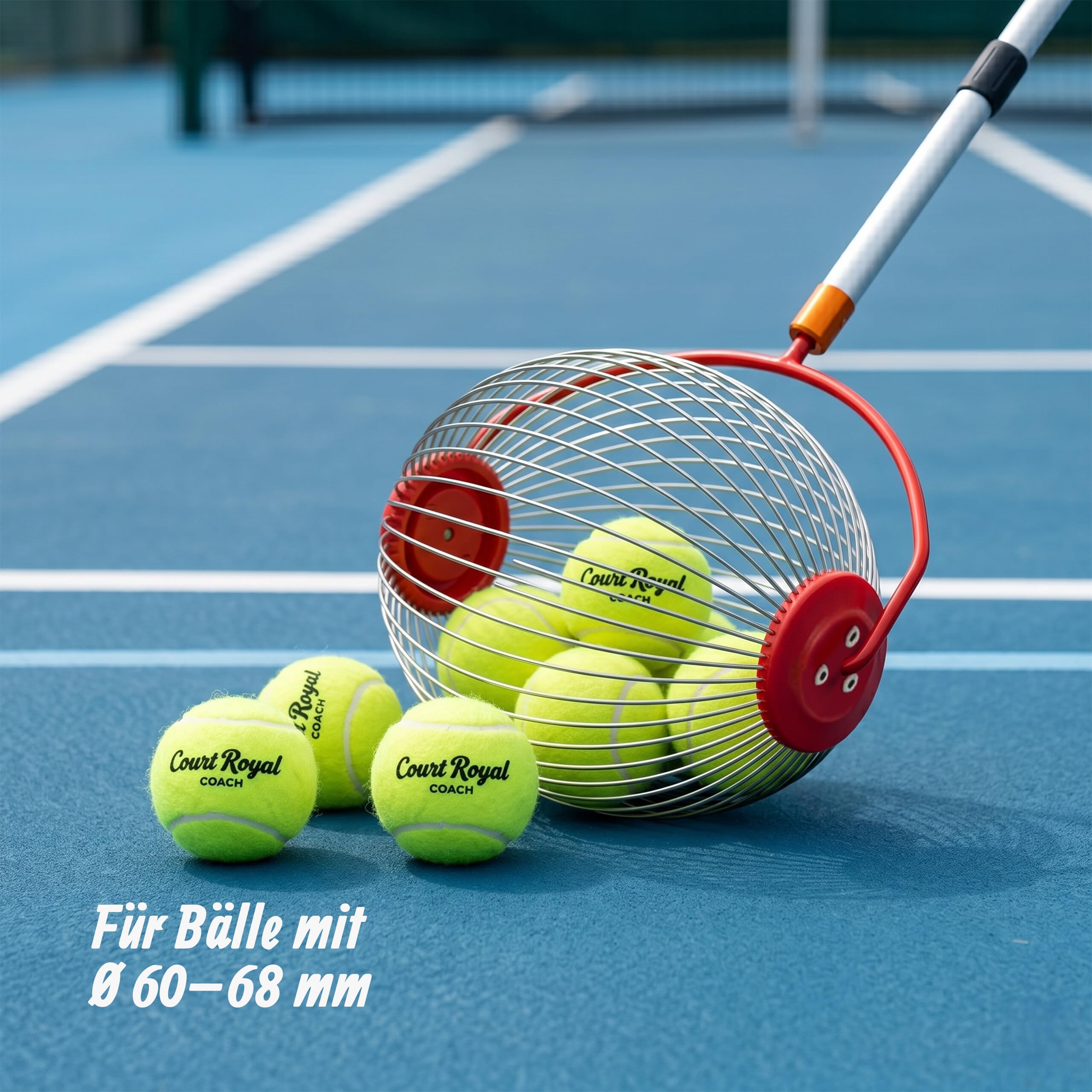 Relaxdays Tennisball Sammler, 25 Bälle, HBT: 128 x 32 x 19 cm, Metall, Abnehmbarer Griff, Rollsammler Tennis, Silber/rot