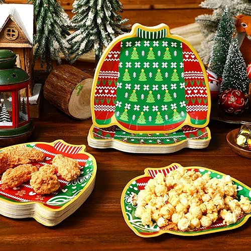 Miniatura 4 de Yaomiao 100 platos de papel de Navidad desechables a granel, platos feos con árbol de Navidad, pan de jengibre, muñeco de nieve, reno, suministros
