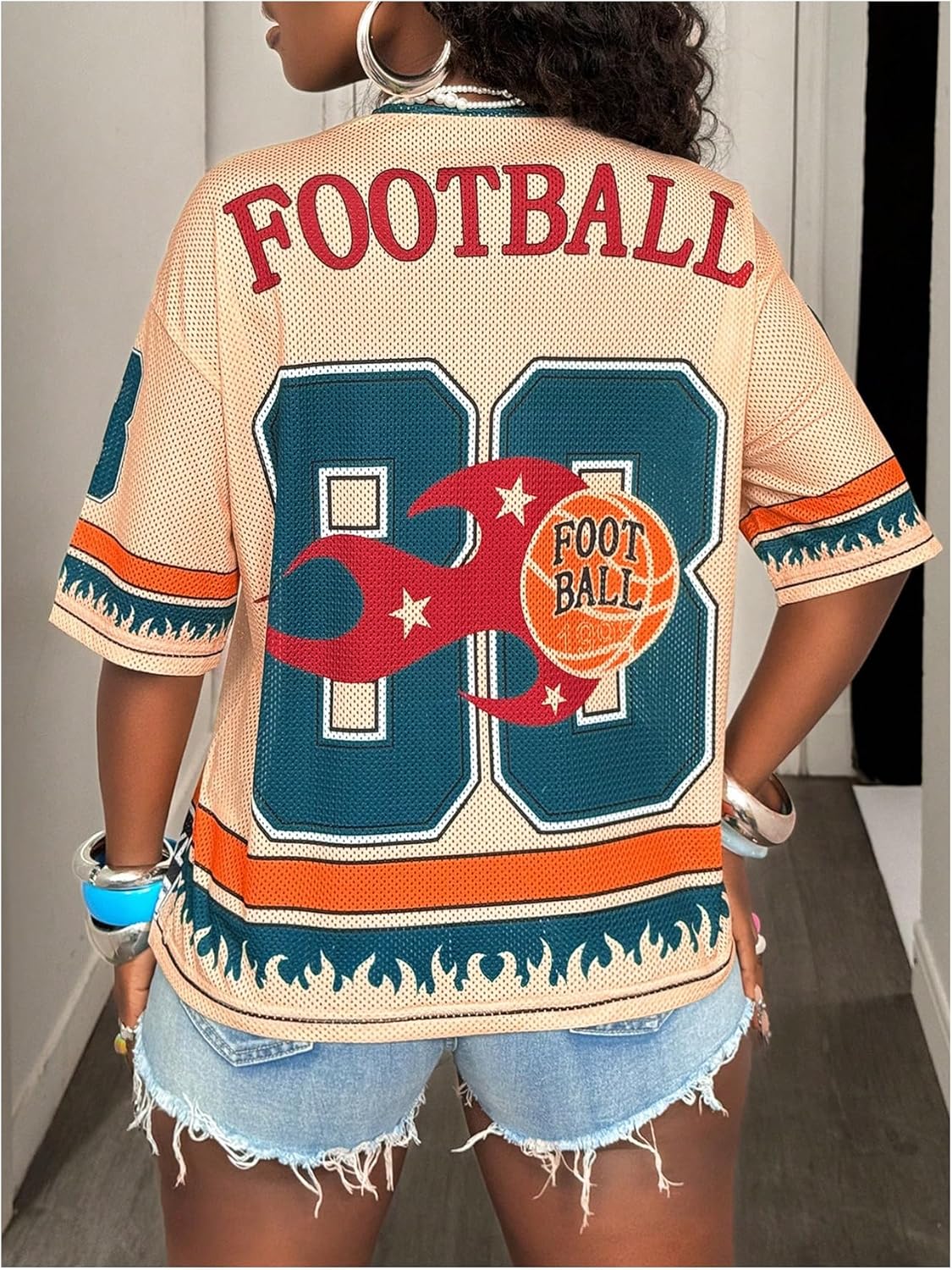 Women's Number Print Mesh Jersey Shirt Color Block V Neck Short Sleeve Football T-Shirt - Image 3