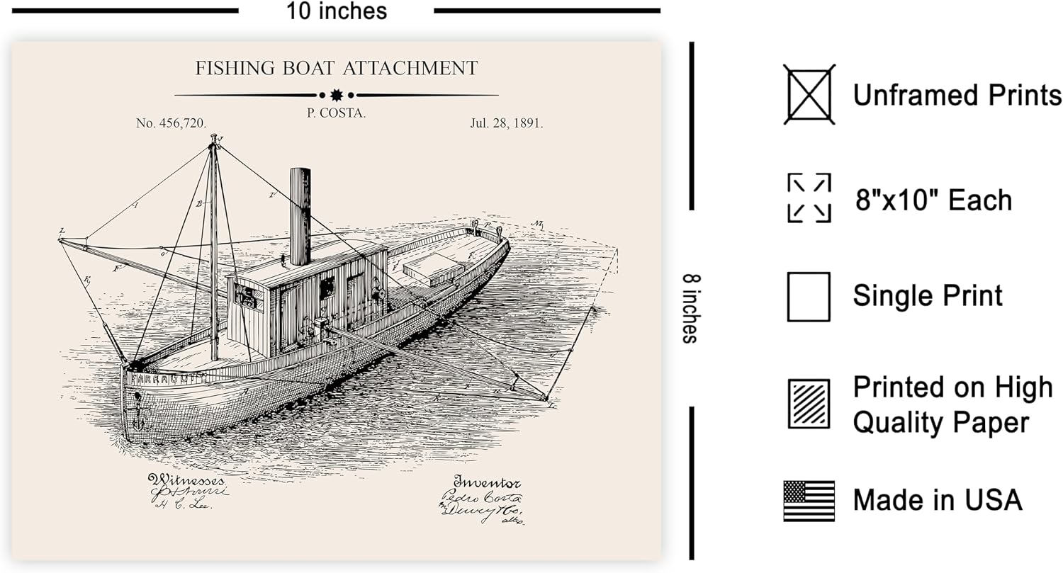 Poster Master Vintage Fishing Blueprint Poster - Fishing Boat Attachment Patent Print - Boat Art - Fisherman Design - Nautical & Fishery Print - Great Ocean or Beach House Decor - 8x10 UNFRAMED