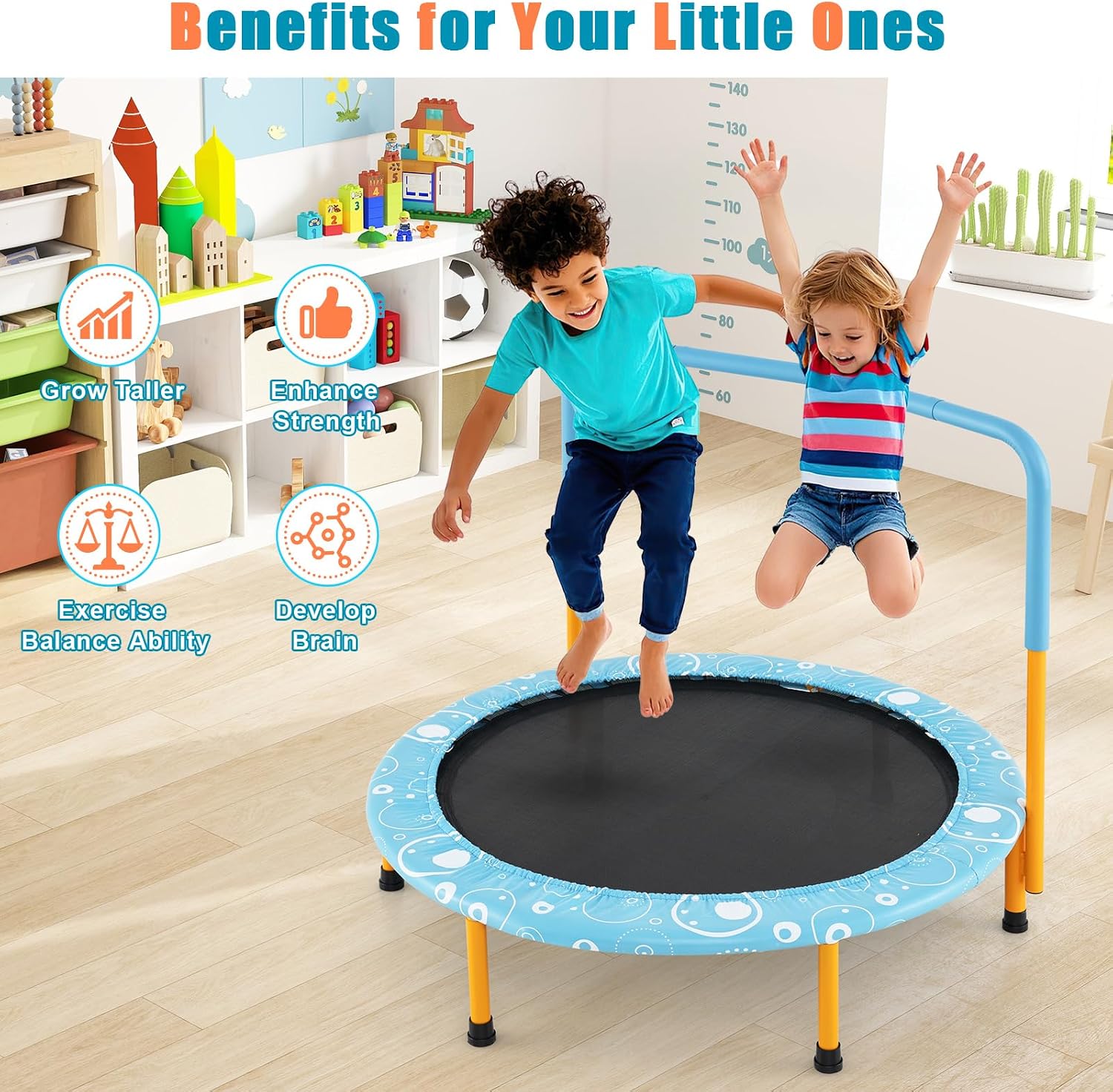 GYMAX Indoor Trampoline, 36” ASTM Approved Kids Trampoline with Removable Handrails & Safety Pad, Spring-Free Folding Mini Rebounder, Small Fitness Trampoline for Toddler/Adults