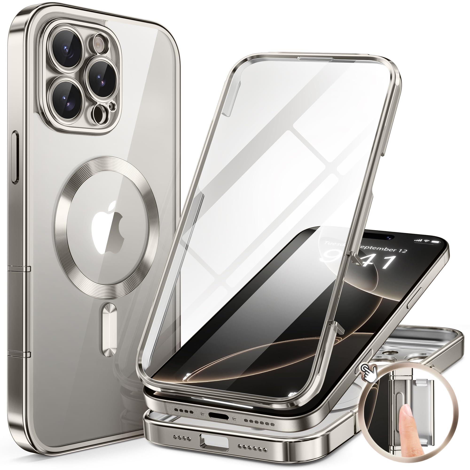 BERFY Magnetic for iPhone 16 Pro Max Case 6.9", [Compatible with Magsafe] Built-in 9H Tempered Glass Screen Protector & Upgraded Camera Protection, Full-Body Plating Phone Case for 16 ProMax, Grey