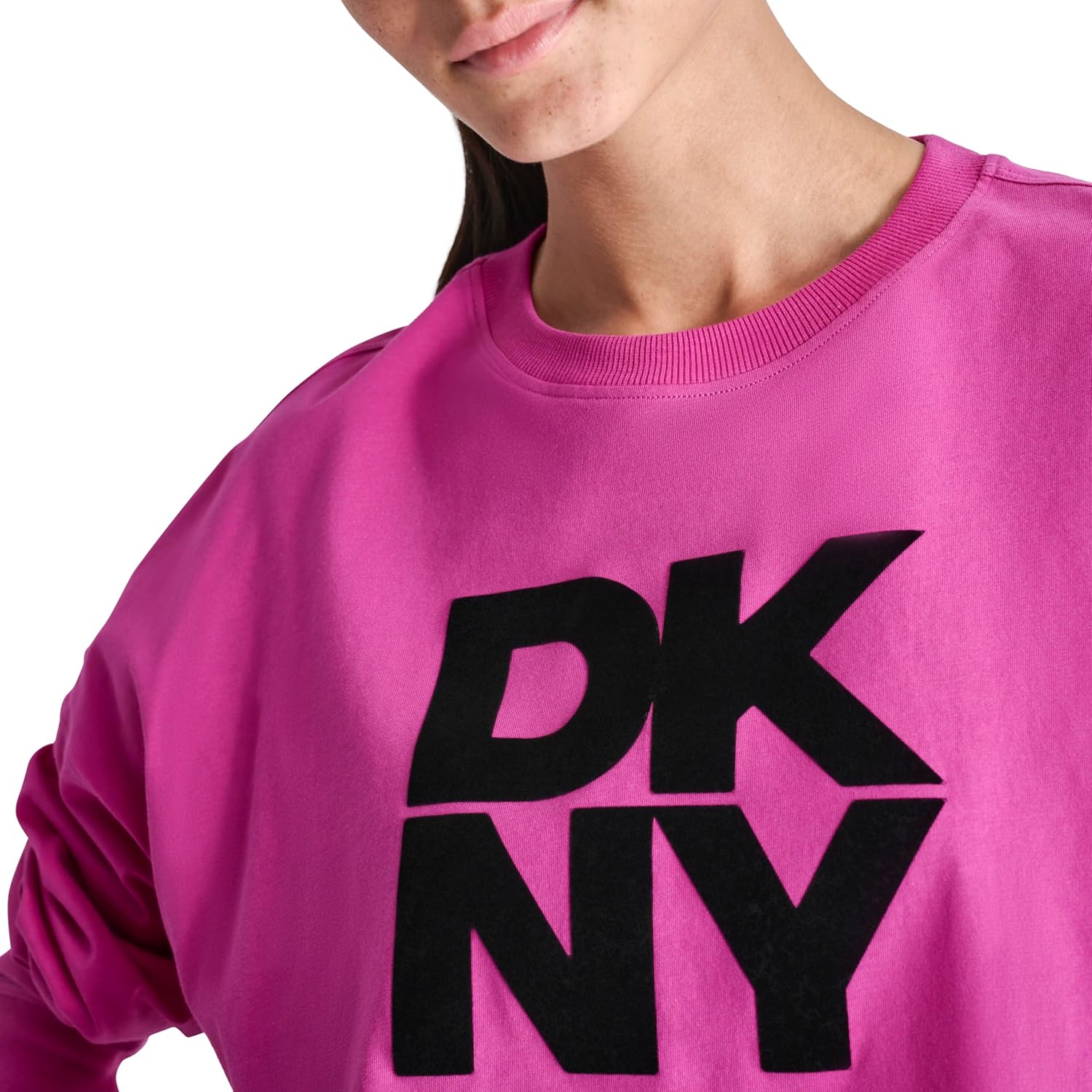 DKNY Womens Logo Long Sleeve Cropped Drop Shoulder T-Shirt - Image 5